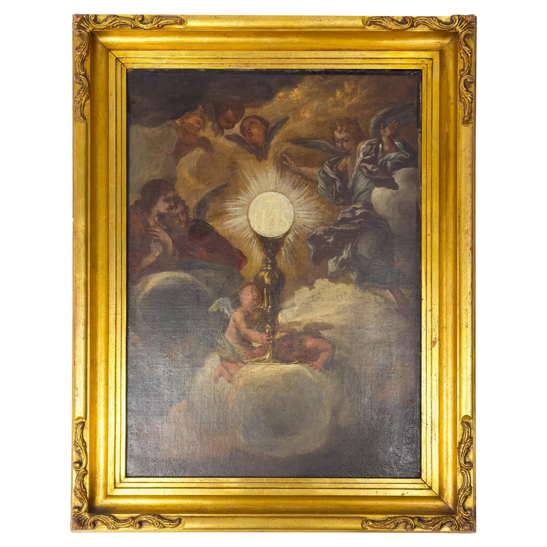 A painting, prior to 1678, from a famous fresco of the Triumph of the Name of Jesus from the Gesù Church in Rome, completed in 1684, attributed to the Old Master Painter Giovanni Battista Gaulli, also known as Baciccio or Baciccia an Italian master