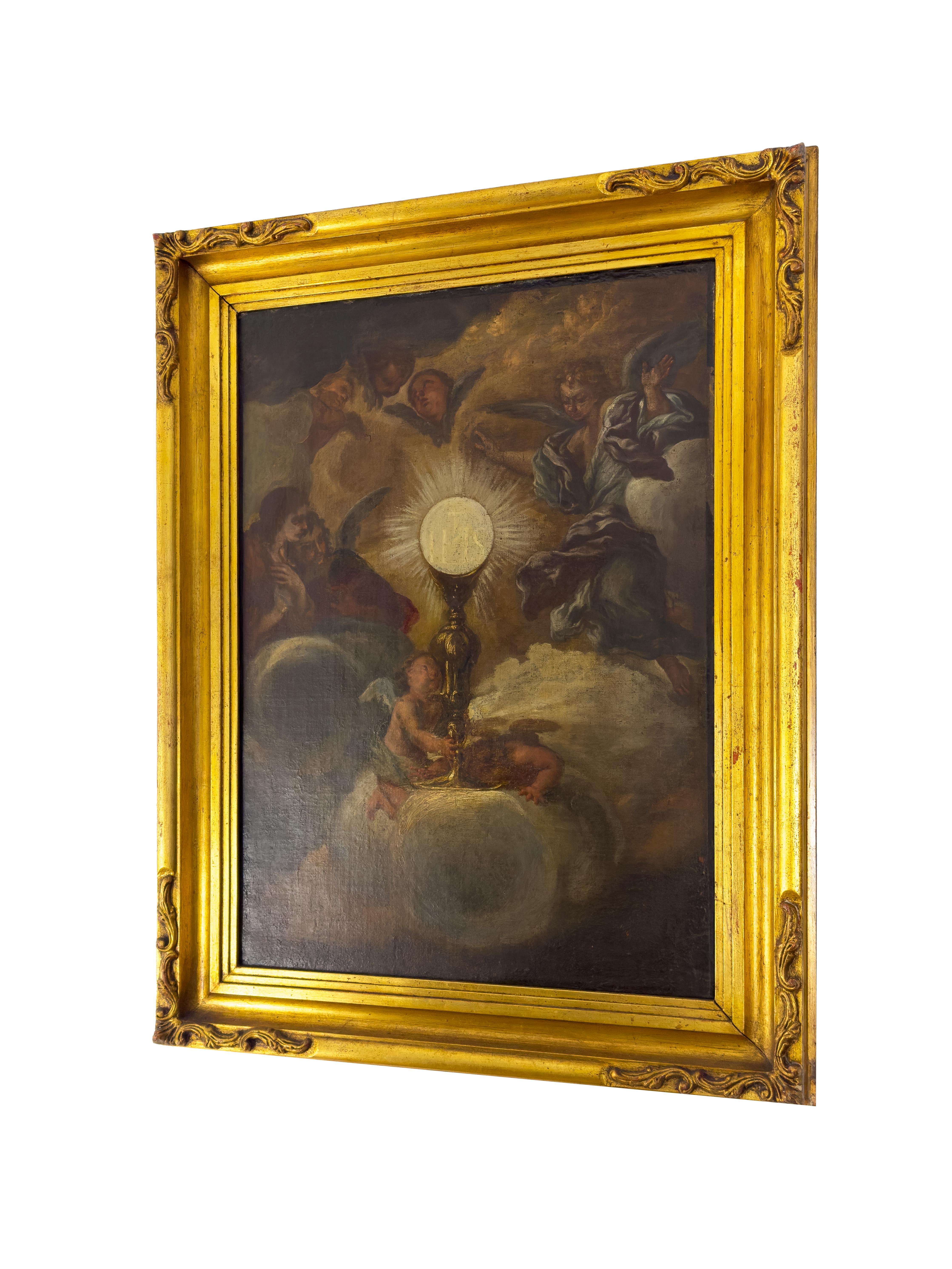 A painting, prior to 1678, from a famous fresco of the Triumph of the Name of Jesus from the Gesù Church in Rome, completed in 1684, attributed to the Old Master Painter Giovanni Battista Gaulli, also known as Baciccio or Baciccia an Italian master