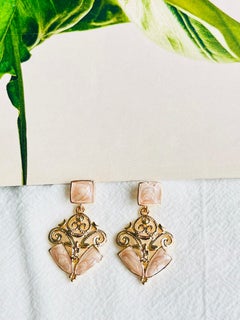 Baroque Light Pink Square Enamel Relief Openwork Long Drop Gold Pierced Earrings