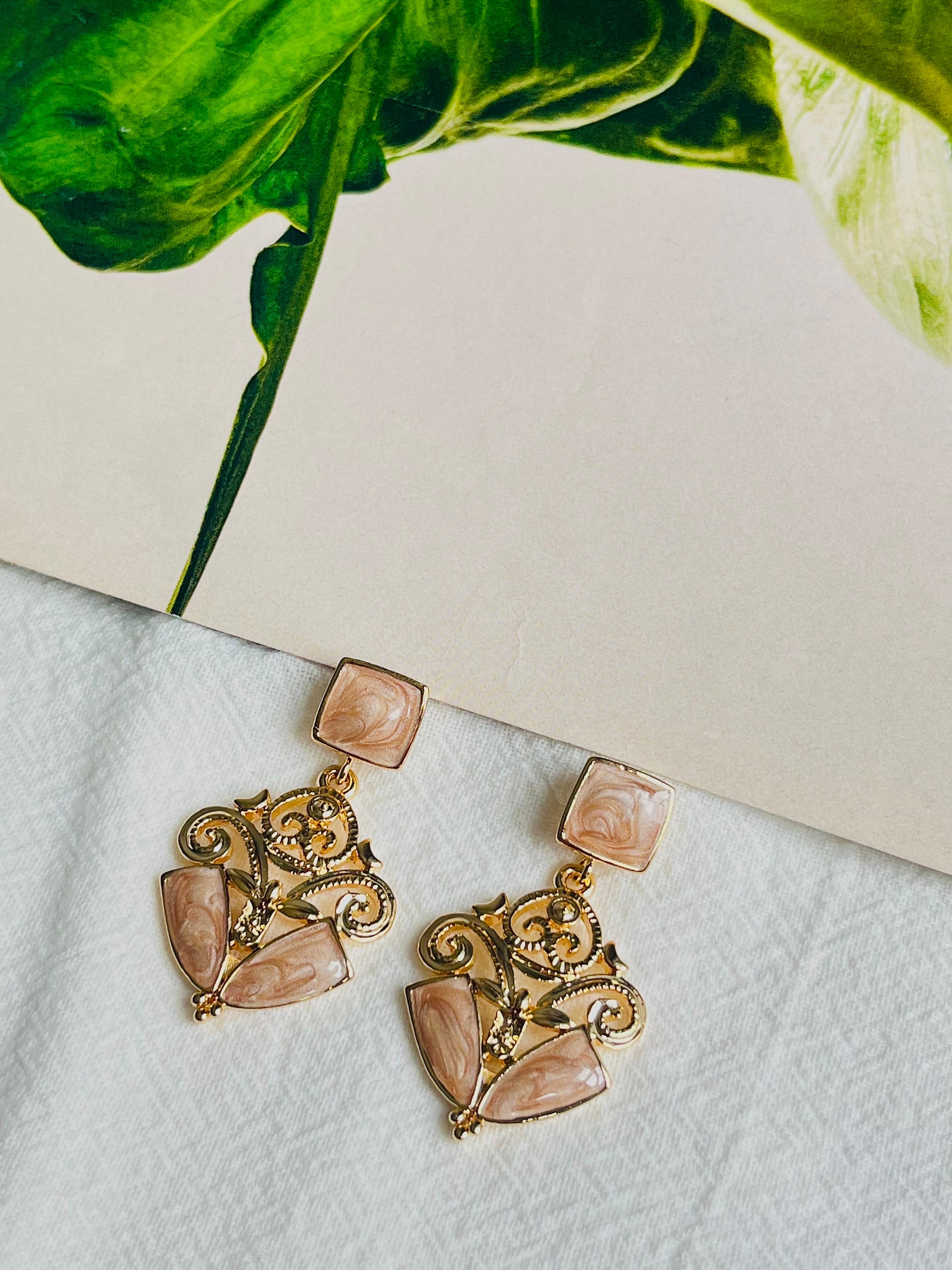 Arts and Crafts Baroque Light Pink Square Enamel Relief Openwork Long Drop Gold Pierced Earrings For Sale