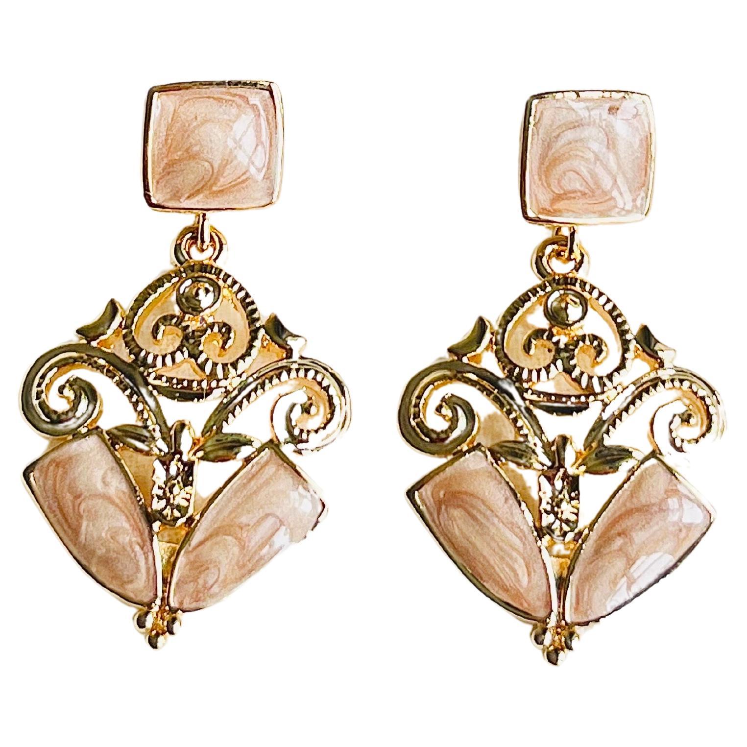 Baroque Light Pink Square Enamel Relief Openwork Long Drop Gold Pierced Earrings For Sale