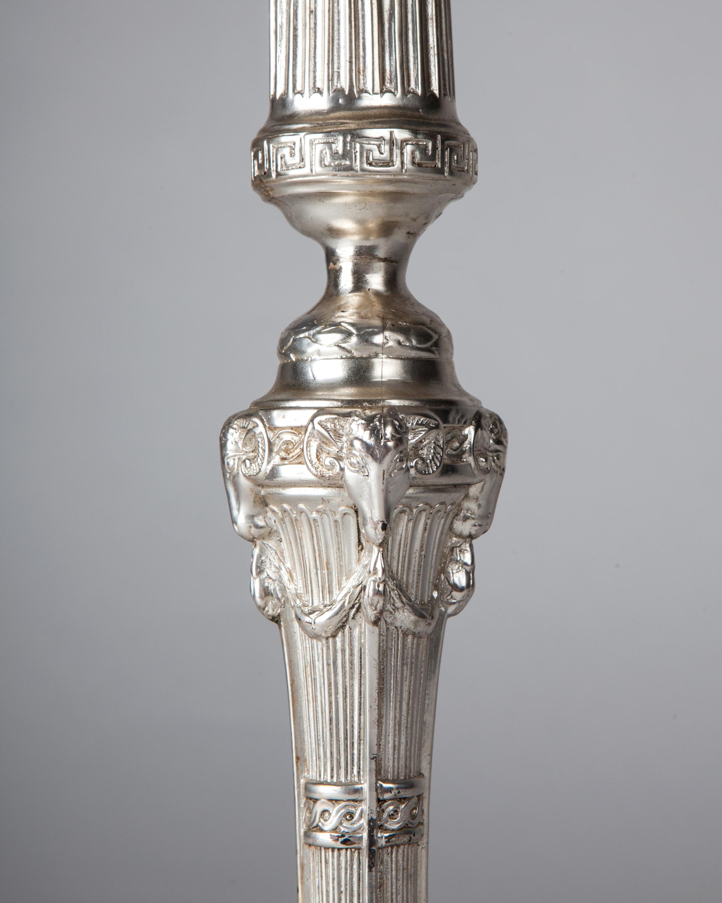 Silver Plate Pair of Baroque Louis XVI Style Silverplate Candlesticks, Circa 1880 For Sale