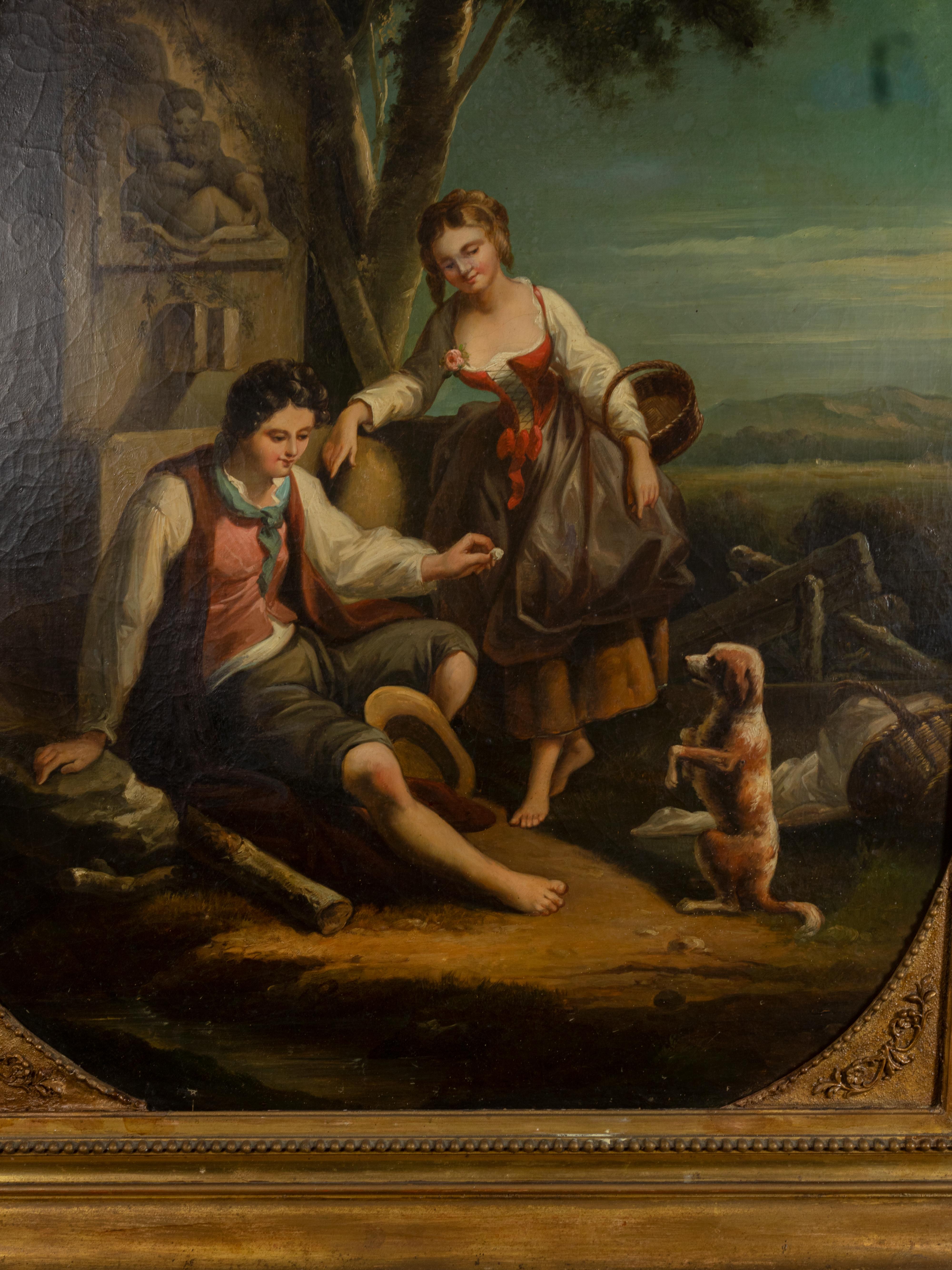 This signed 18th Century painting showcases a beautiful scene of a loving man and woman and their loyal canine companion gathered around a charming fountain, executed in the Baroque style, specifically belonging to the Watteau School, which was