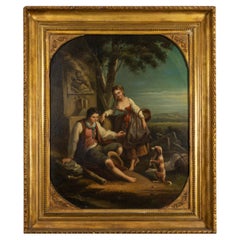 Antique Baroque Painting, Loving Couple, Watteau School,  18th Century
