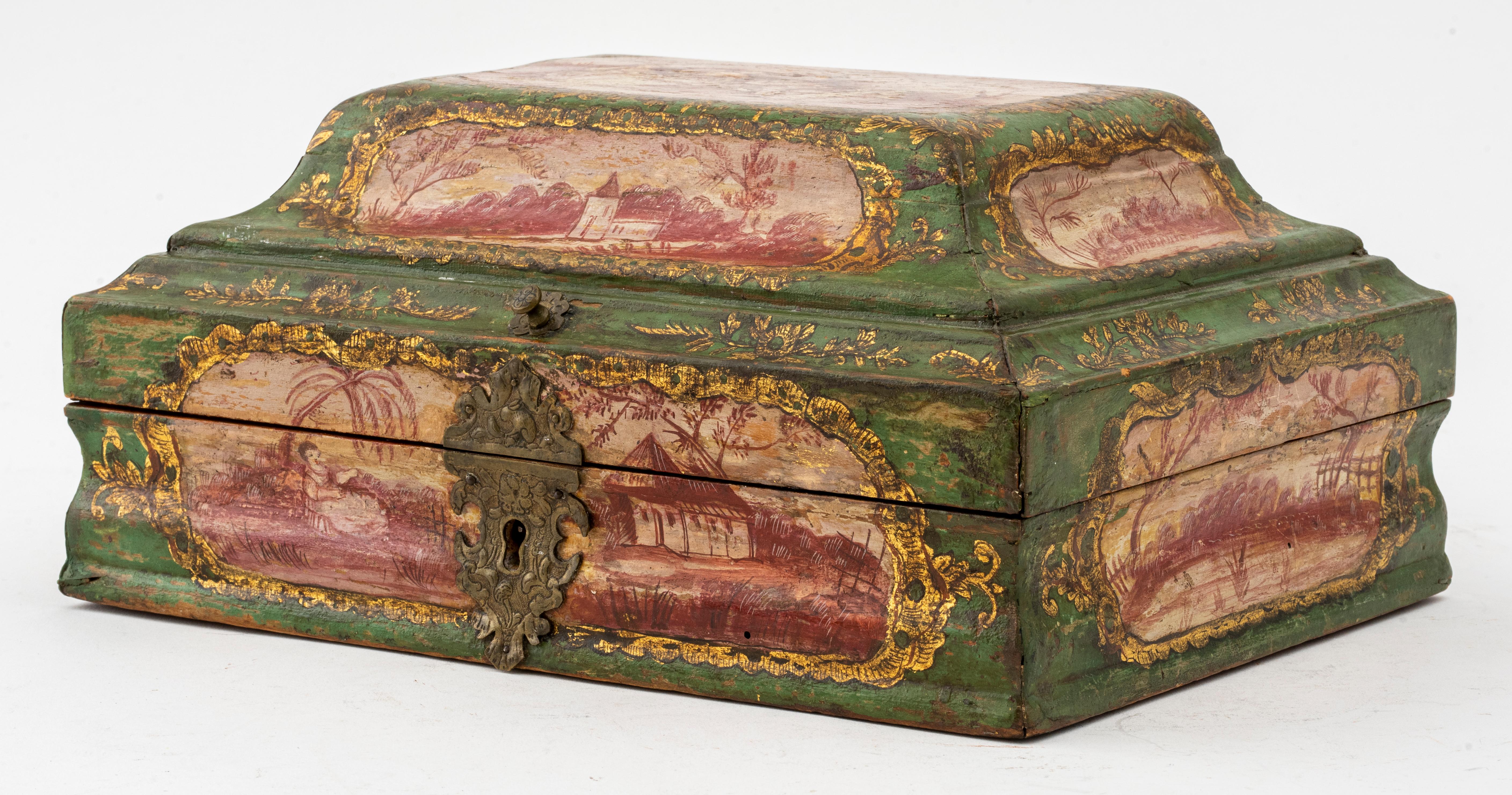 Continental Baroque manner hand-painted wooden decorative box, includes key. Measures: 5.5