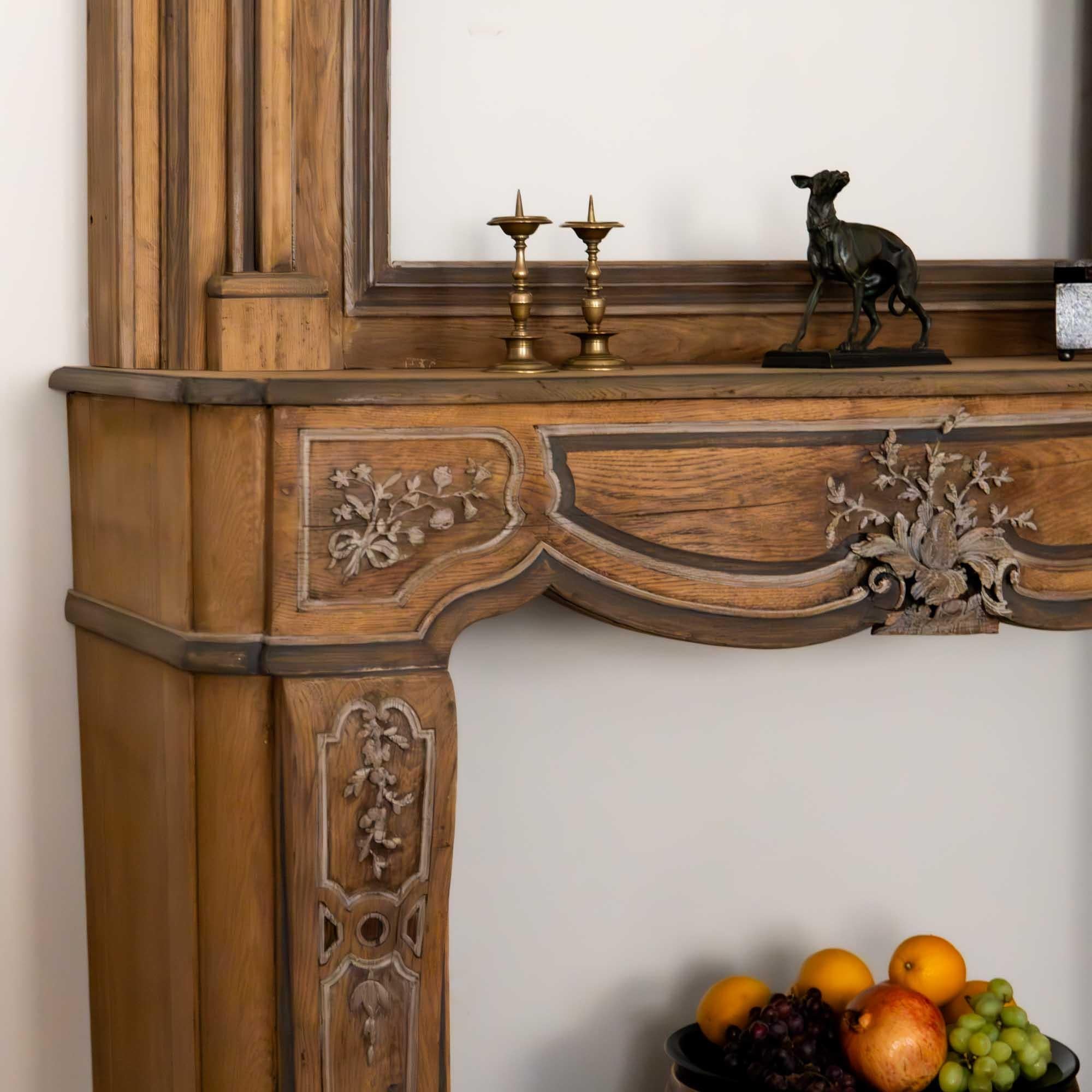 18th Century and Earlier Baroque Mantelpiece Fireplace with Mirror Slot, carved Oak, Germany 18th Century