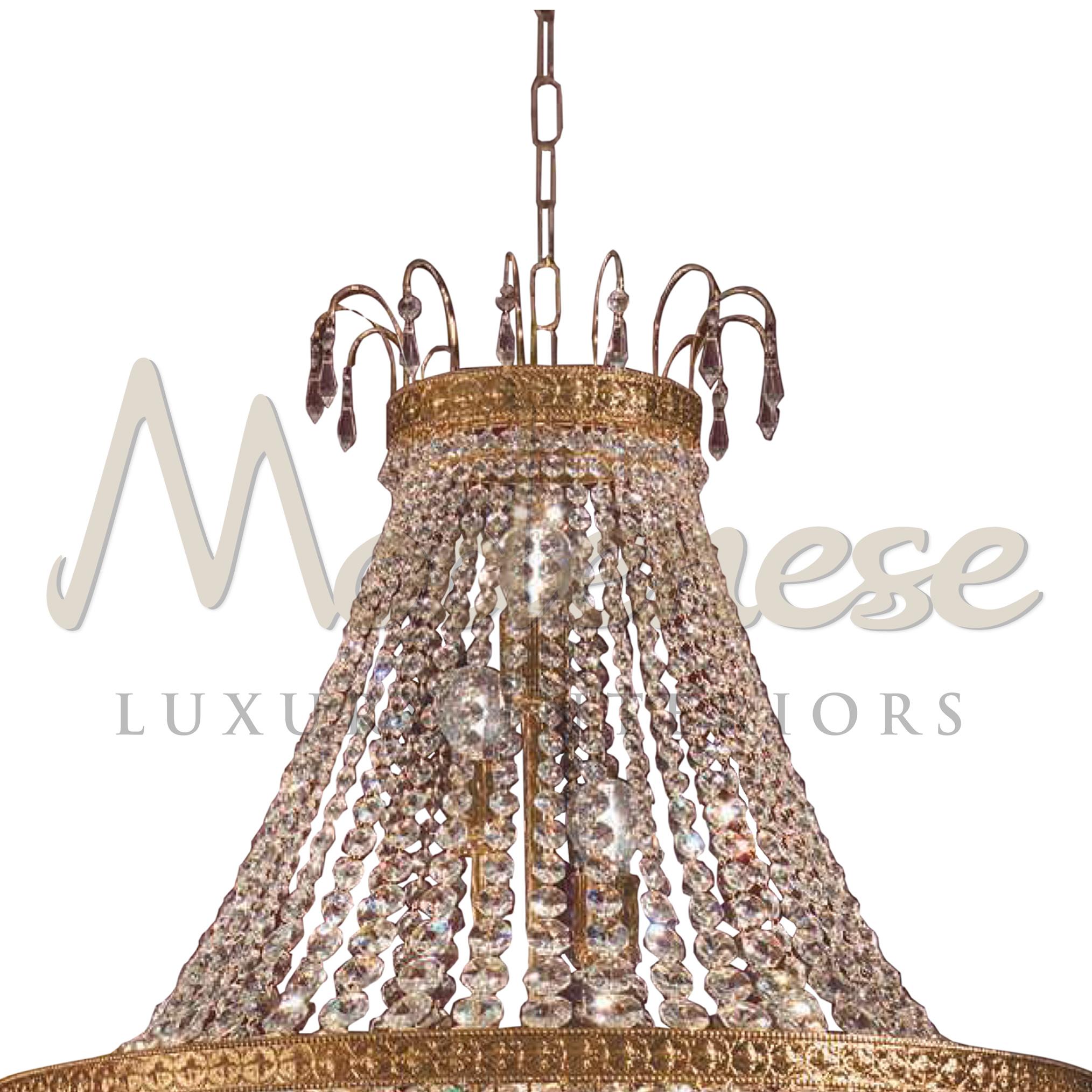 The occupation of such a majestic chandelier emphasizes the presence of aesthetic finery among homeowners and, as a rule, speaks of their respectability and prestige, plated in 24k gold and with Scholer crystals. This model requires 12 single E14