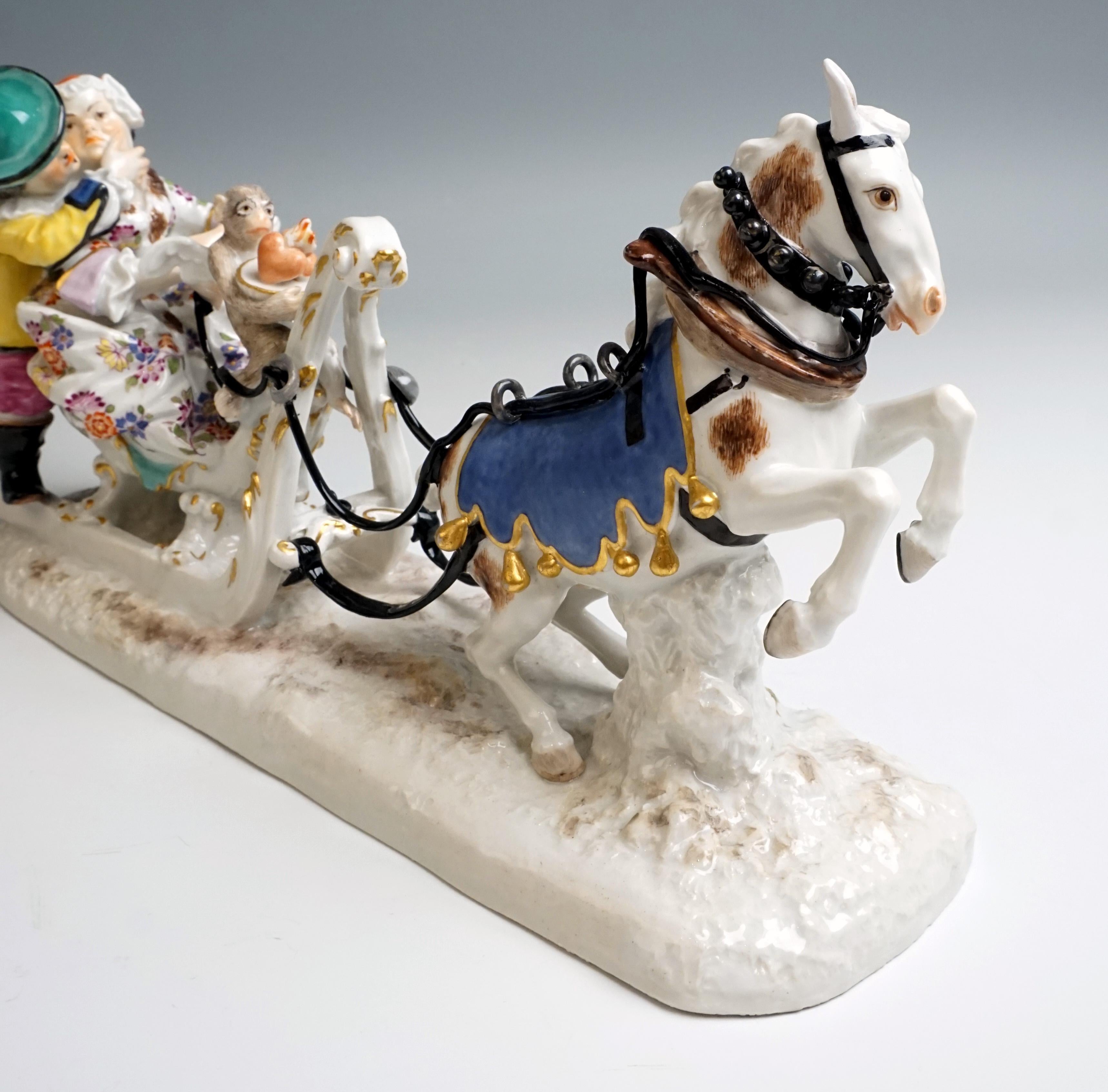 Barocke Meissener Gruppe Schlittenfahrt mit den Hofnarren von Kaendler um 1750 (18. Jahrhundert)