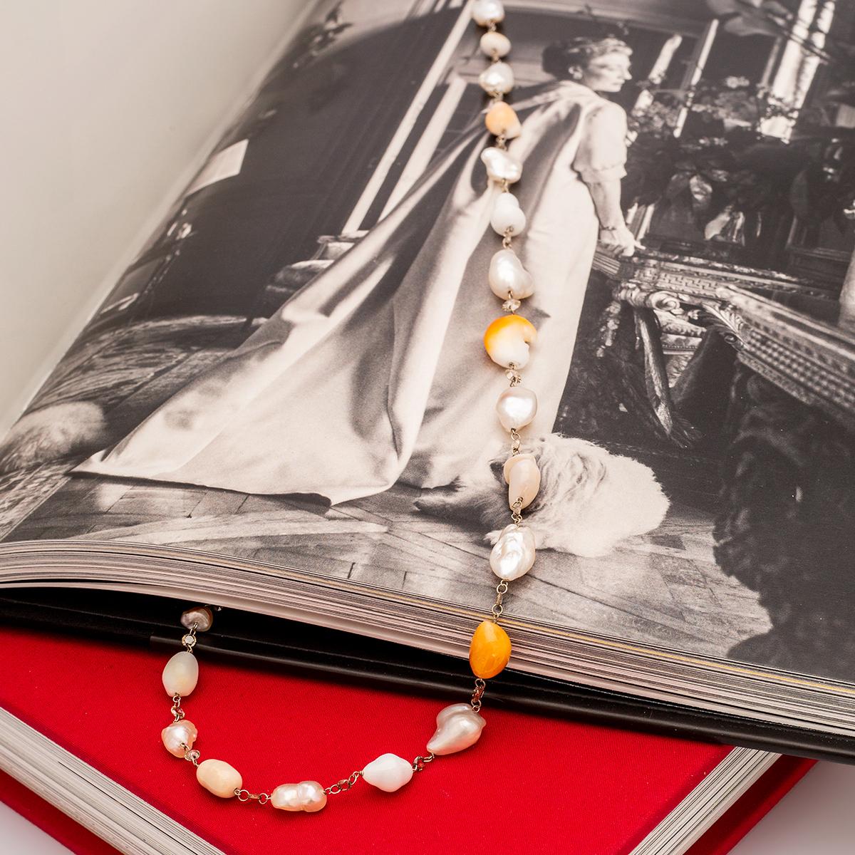 Halskette aus Weißgold mit 18 Karat Barock-Halskette mit Melo- und Weißperlen und Diamanten im Rosenschliff für Damen oder Herren im Angebot