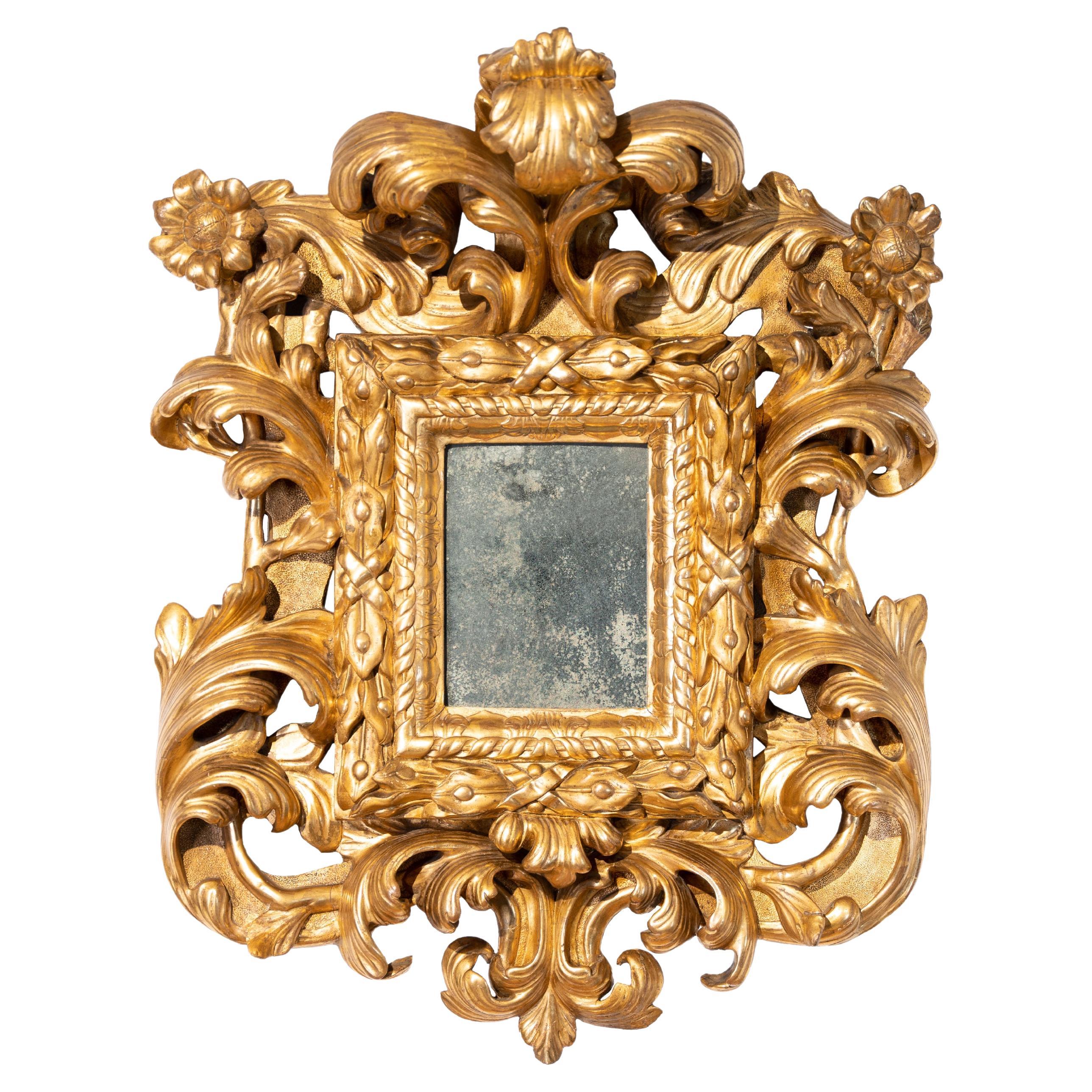 Baroque mirror in gilded wood, Rome, Louis XIV. For Sale
