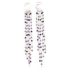 Baroque Natural Pearls Earrings, Lapis Lazuli, Iolites, Fine Pearls and 18k Rose