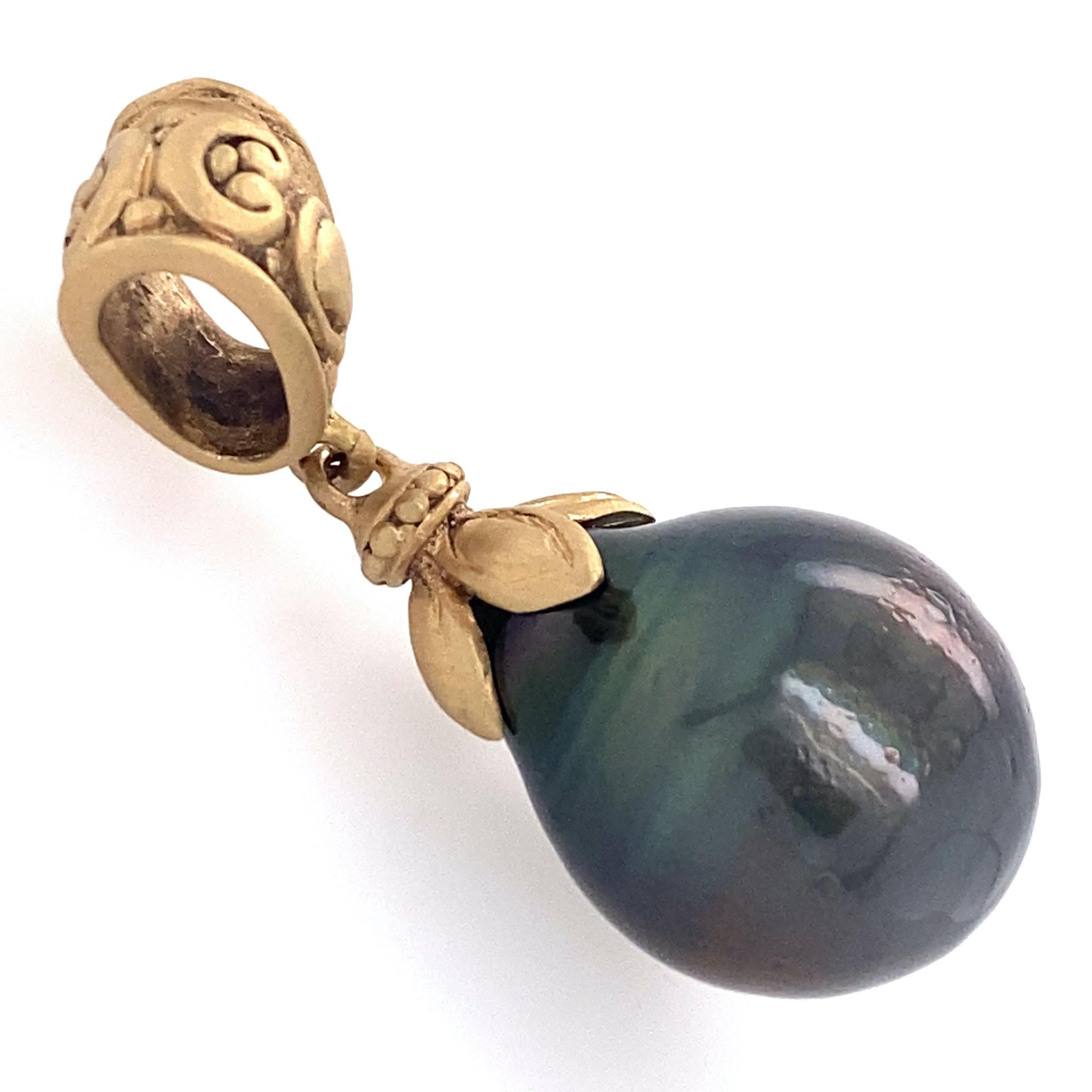 Women's Baroque 15mm Tahitian Black Pearl Pendant or Fob in 18 Karat Yellow Gold