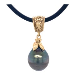 Baroque 15mm Tahitian Black Pearl Pendant or Fob in 18 Karat Yellow Gold