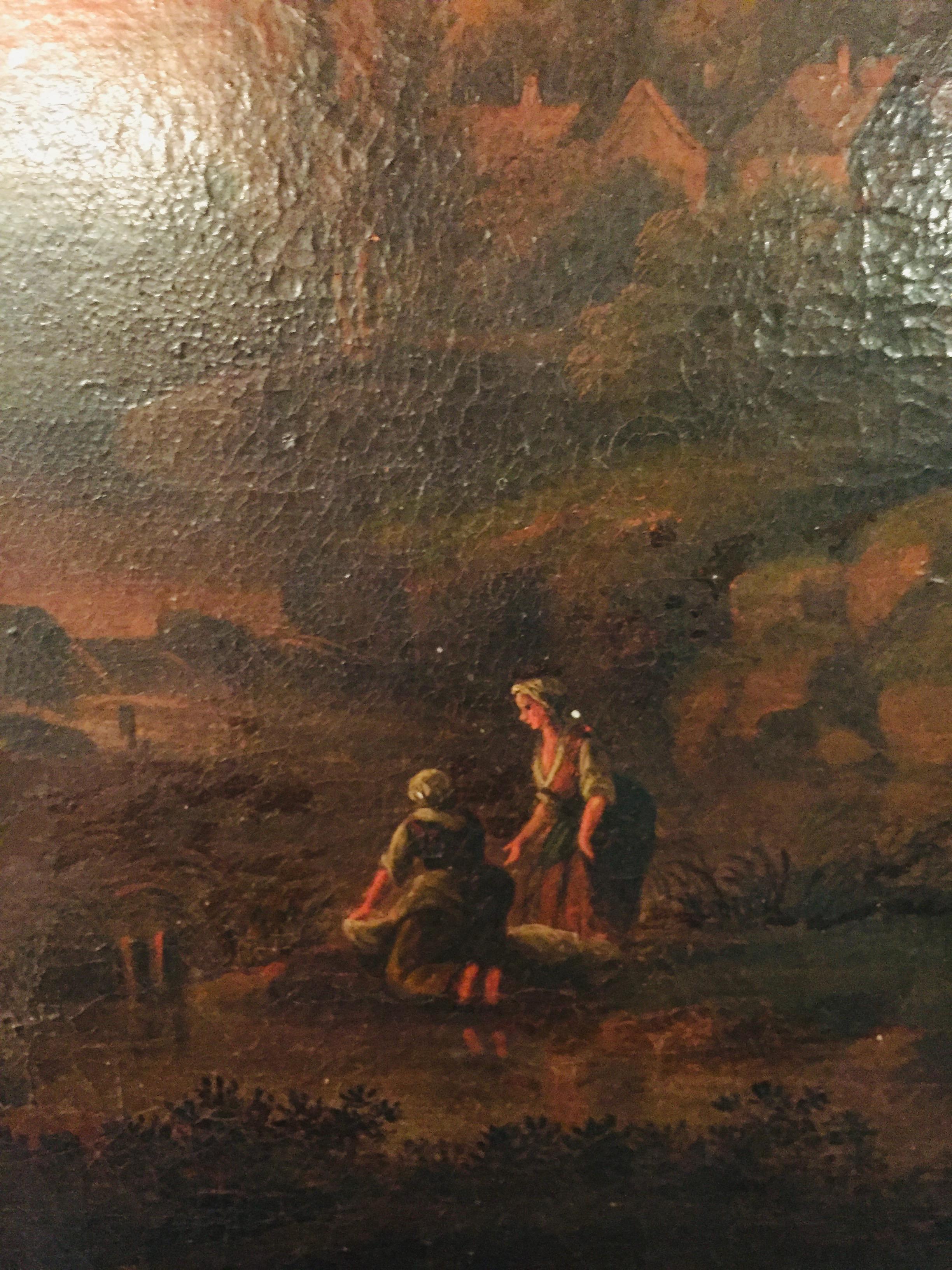 German 18th Century Baroque Old Master Oil Painting Farmer Family Beautiful View