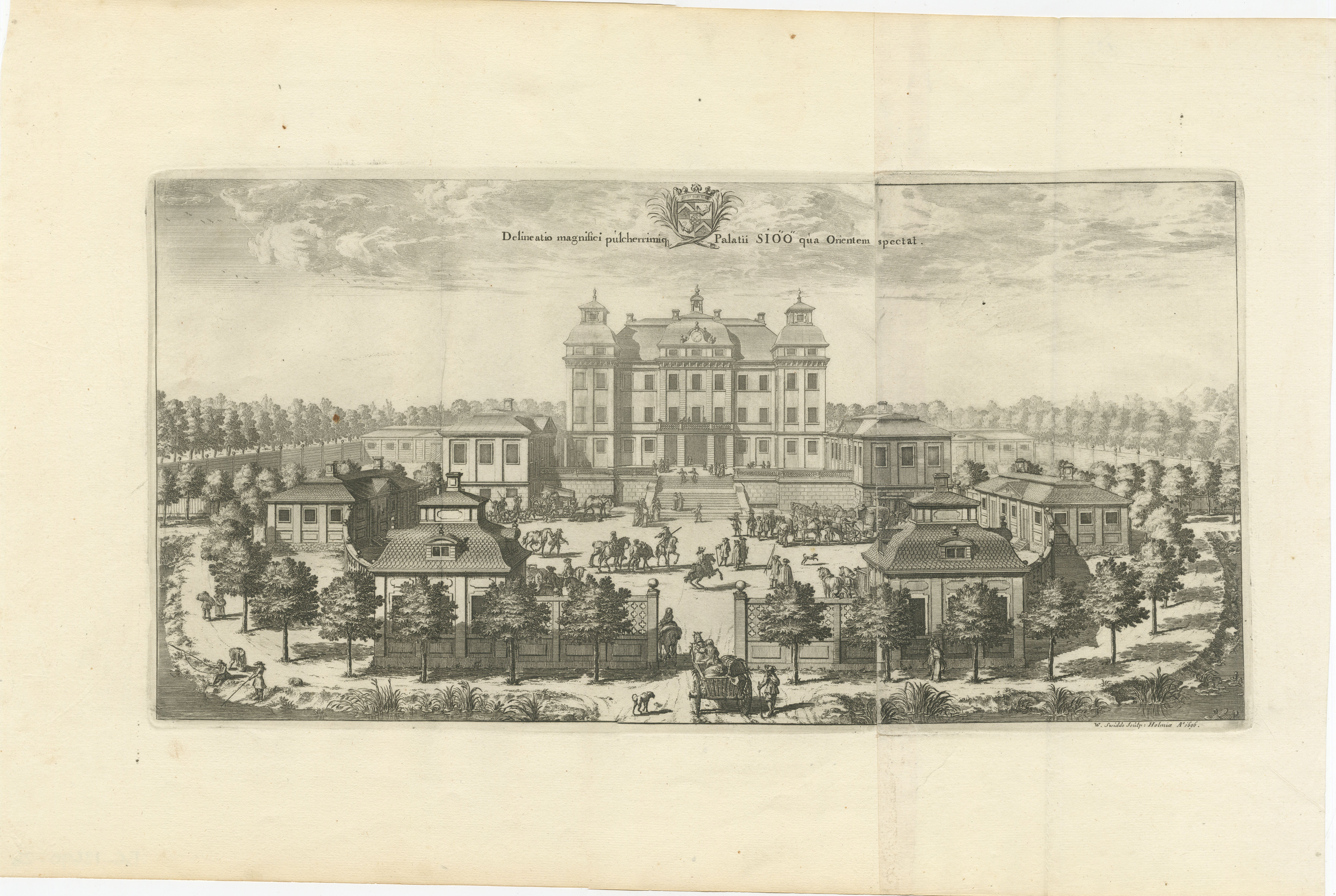 An engraving by Willem Swidde from 1696. The print features a palatial estate surrounded by formal gardens, a common representation of baroque architecture and landscaping. The central building is flanked by two symmetrically placed wings, with a