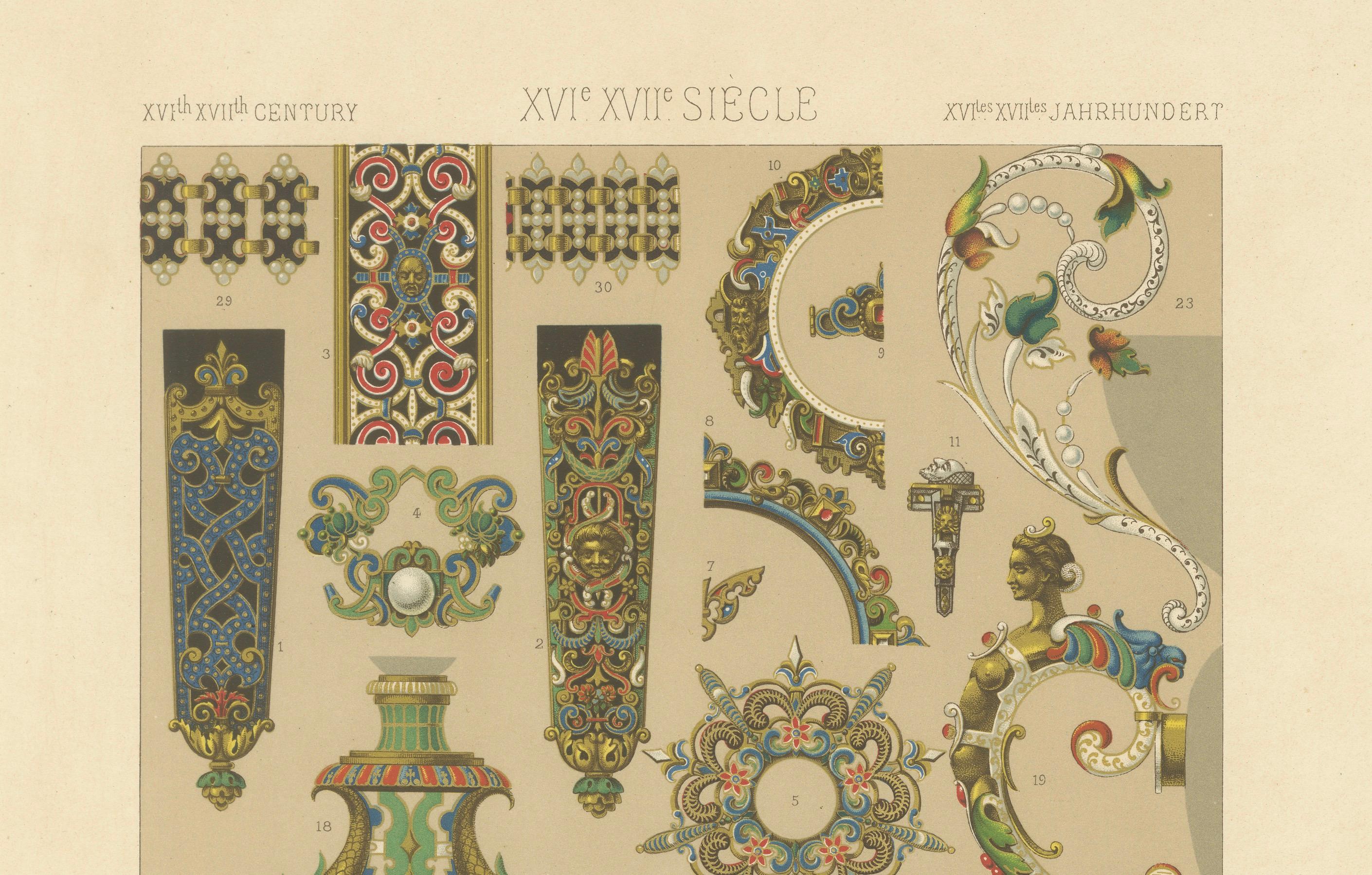 Detalles ornamentales barrocos - Elementos de diseño de los siglos XVI y XVII, Lámina LXII, 1869 en Bueno estado para la venta en Langweer, NL