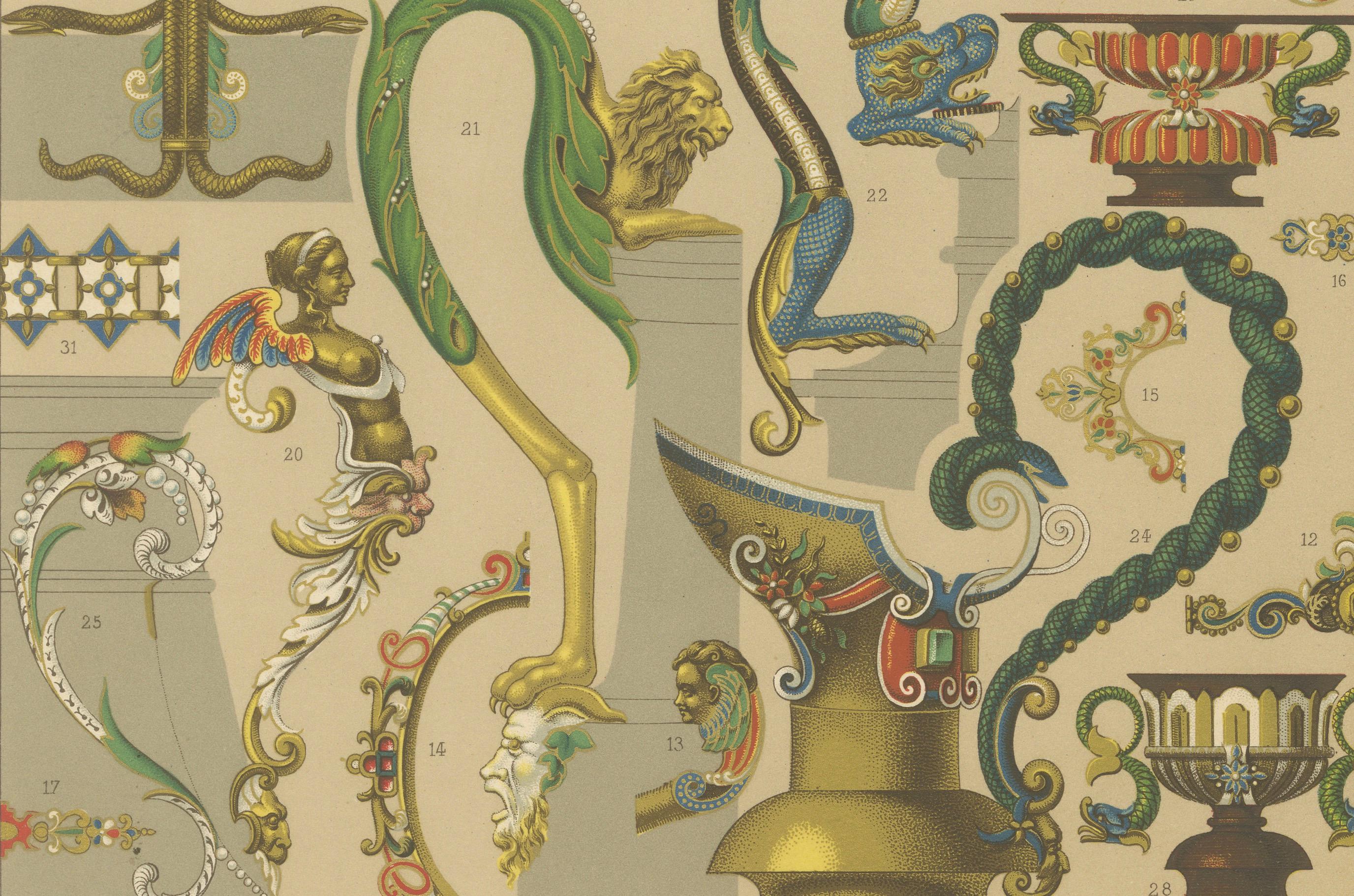 Detalles ornamentales barrocos - Elementos de diseño de los siglos XVI y XVII, Lámina LXII, 1869 siglo XIX en venta