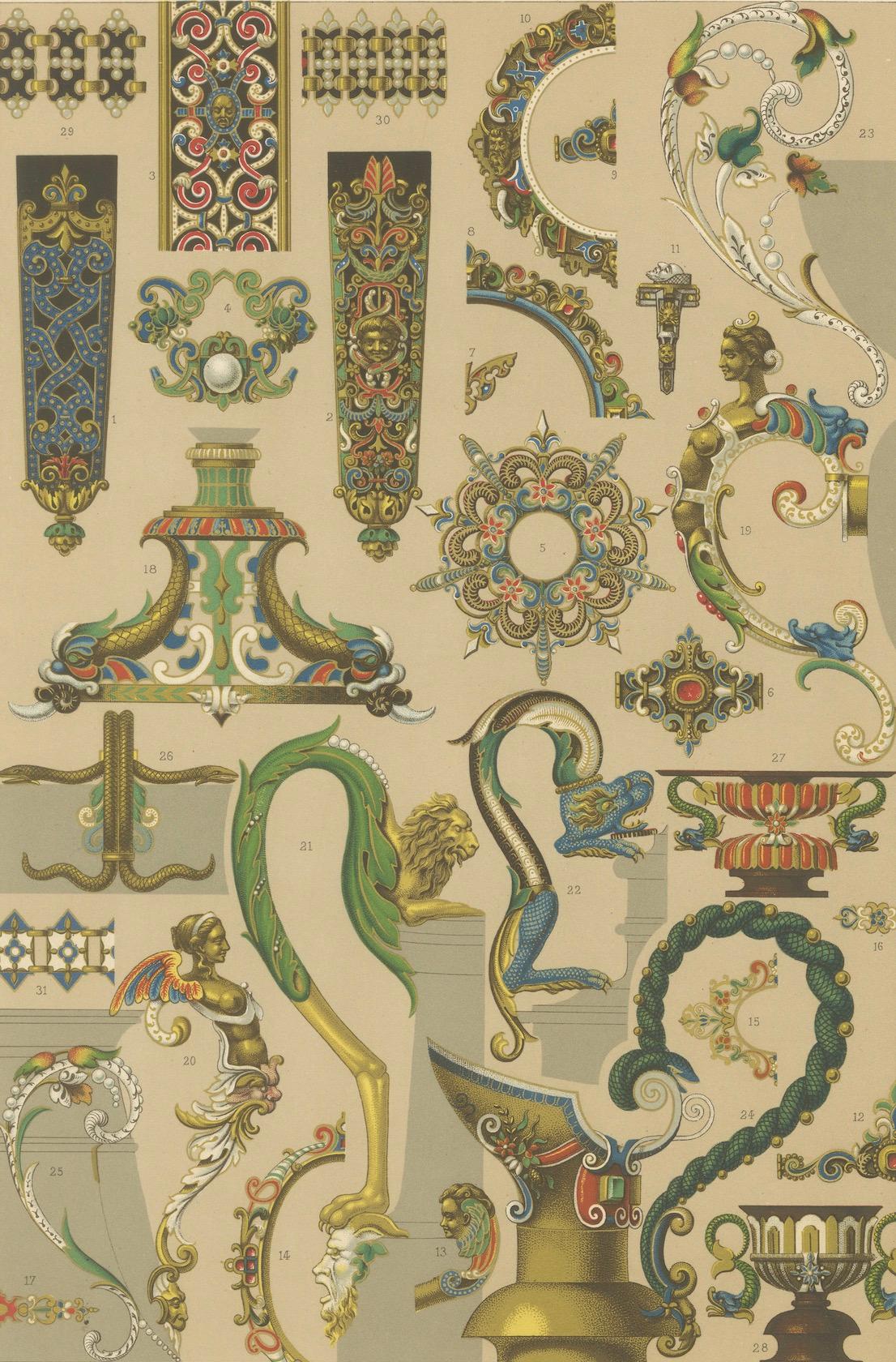 Detalles ornamentales barrocos - Elementos de diseño de los siglos XVI y XVII, Lámina LXII, 1869 en venta 1