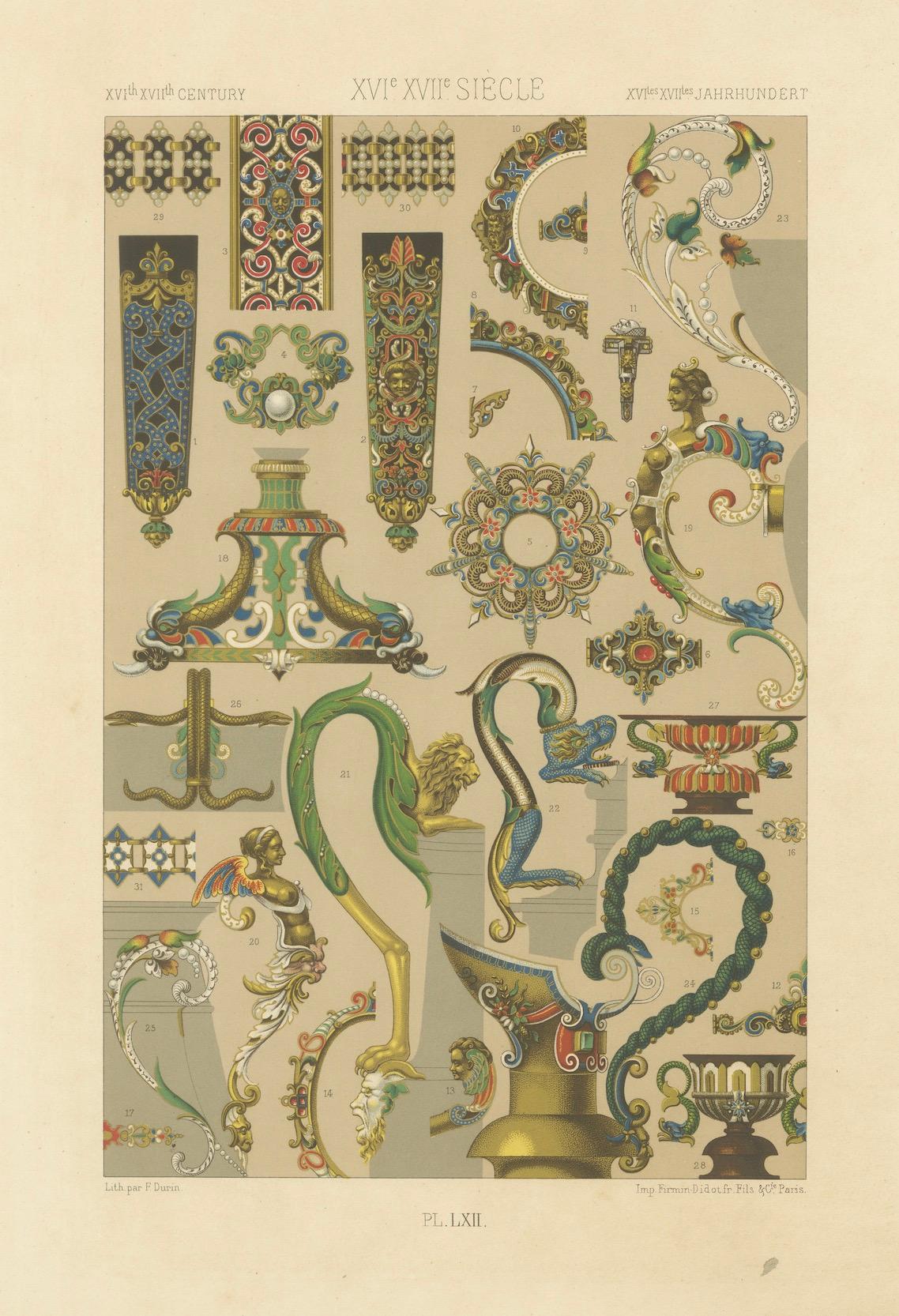 Detalles ornamentales barrocos - Elementos de diseño de los siglos XVI y XVII, Lámina LXII, 1869 en venta 2