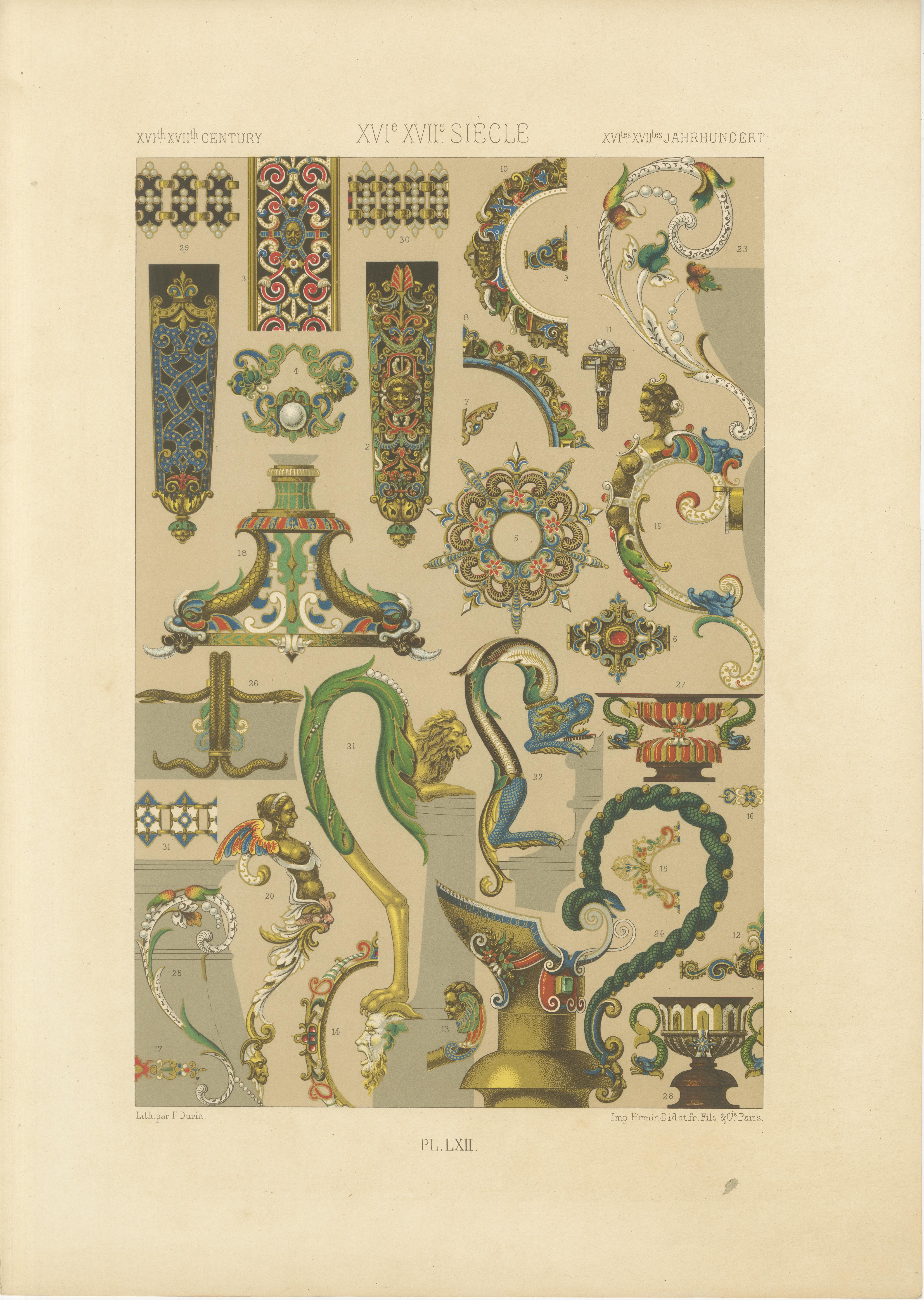 Detalles ornamentales barrocos - Elementos de diseño de los siglos XVI y XVII, Lámina LXII, 1869 en venta