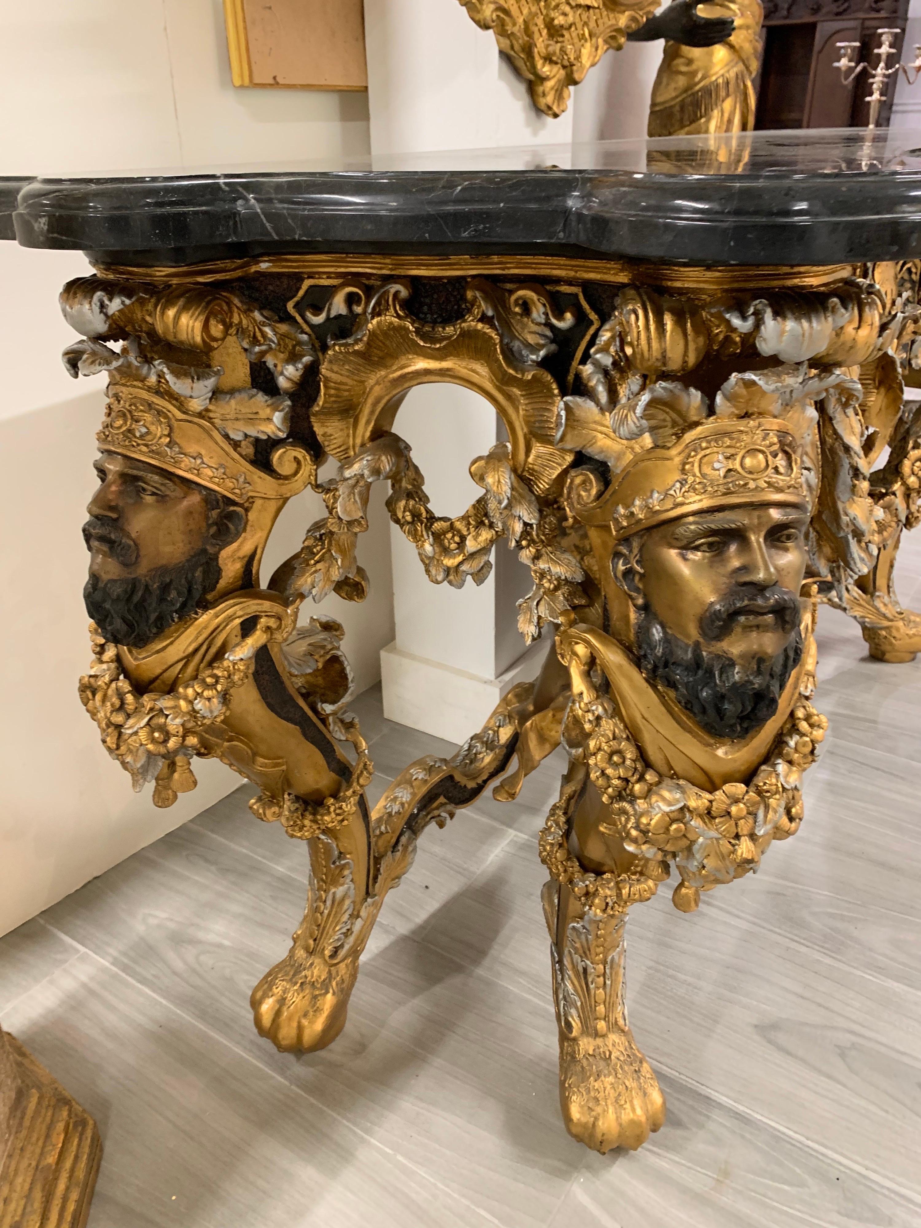 Italian Baroque Ornate Carved Bronze Figural Console Table with Marble Top Made in Italy For Sale