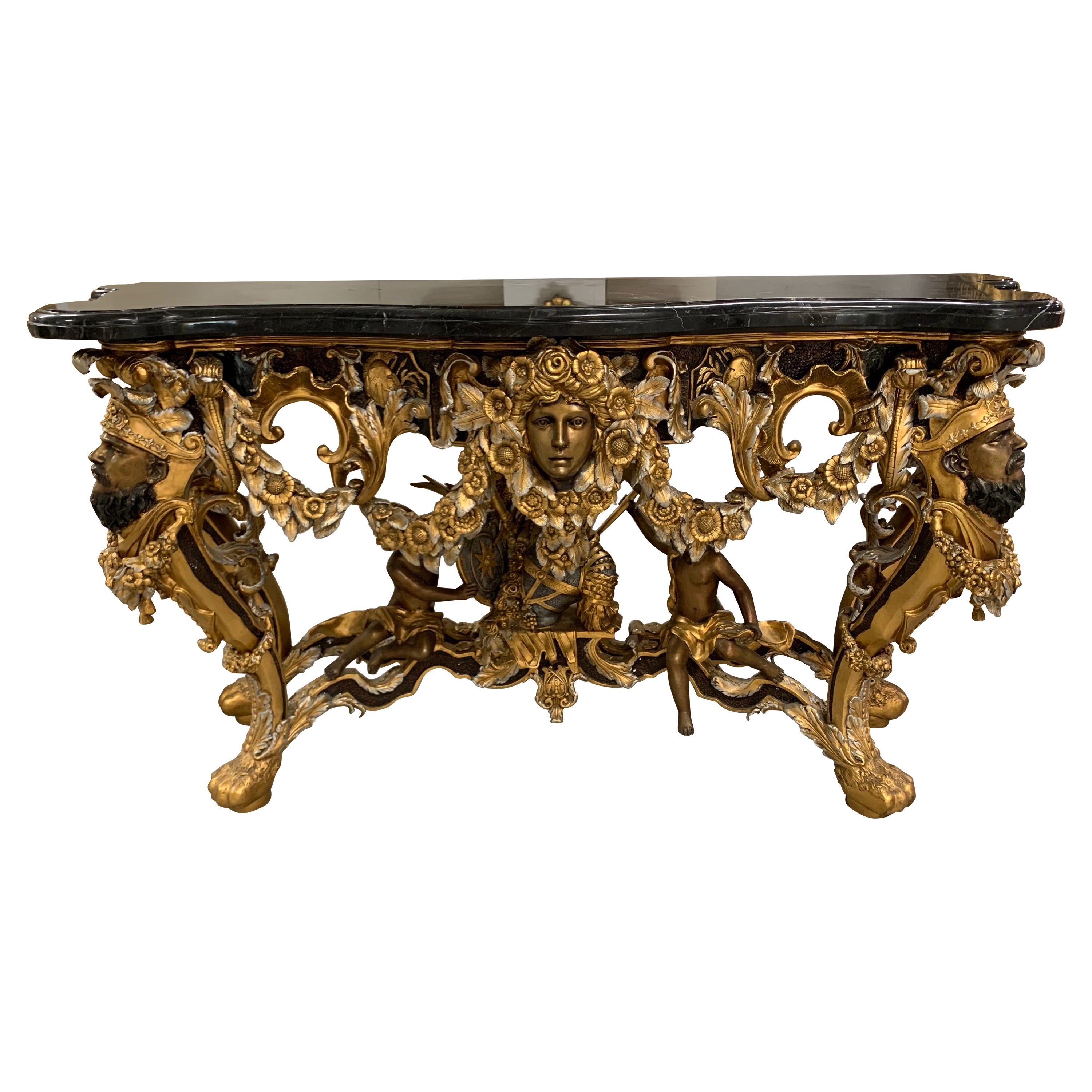 Tavolo da console barocco con figure in bronzo intagliato e piano in marmo Made in Italy in vendita