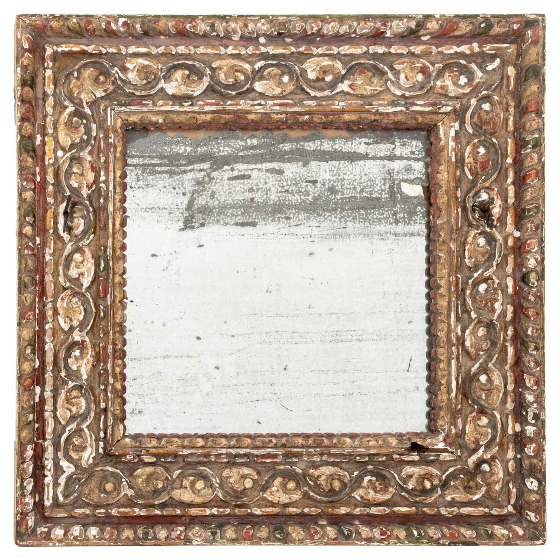 Baroque Painted and Carved Giltwood Mirror, 18th Century For Sale