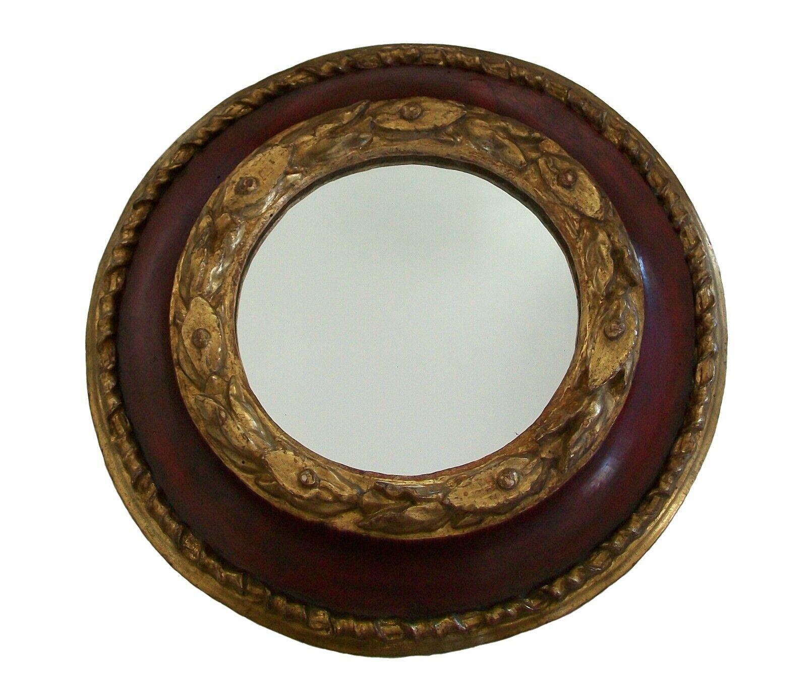 Baroque style Florentine painted and giltwood picture or mirror frame - expertly hand carved from one solid piece of wood - featuring robust gilded laurel leaf carving to the raised front - surrounded by red lacquer to the curving sides - all