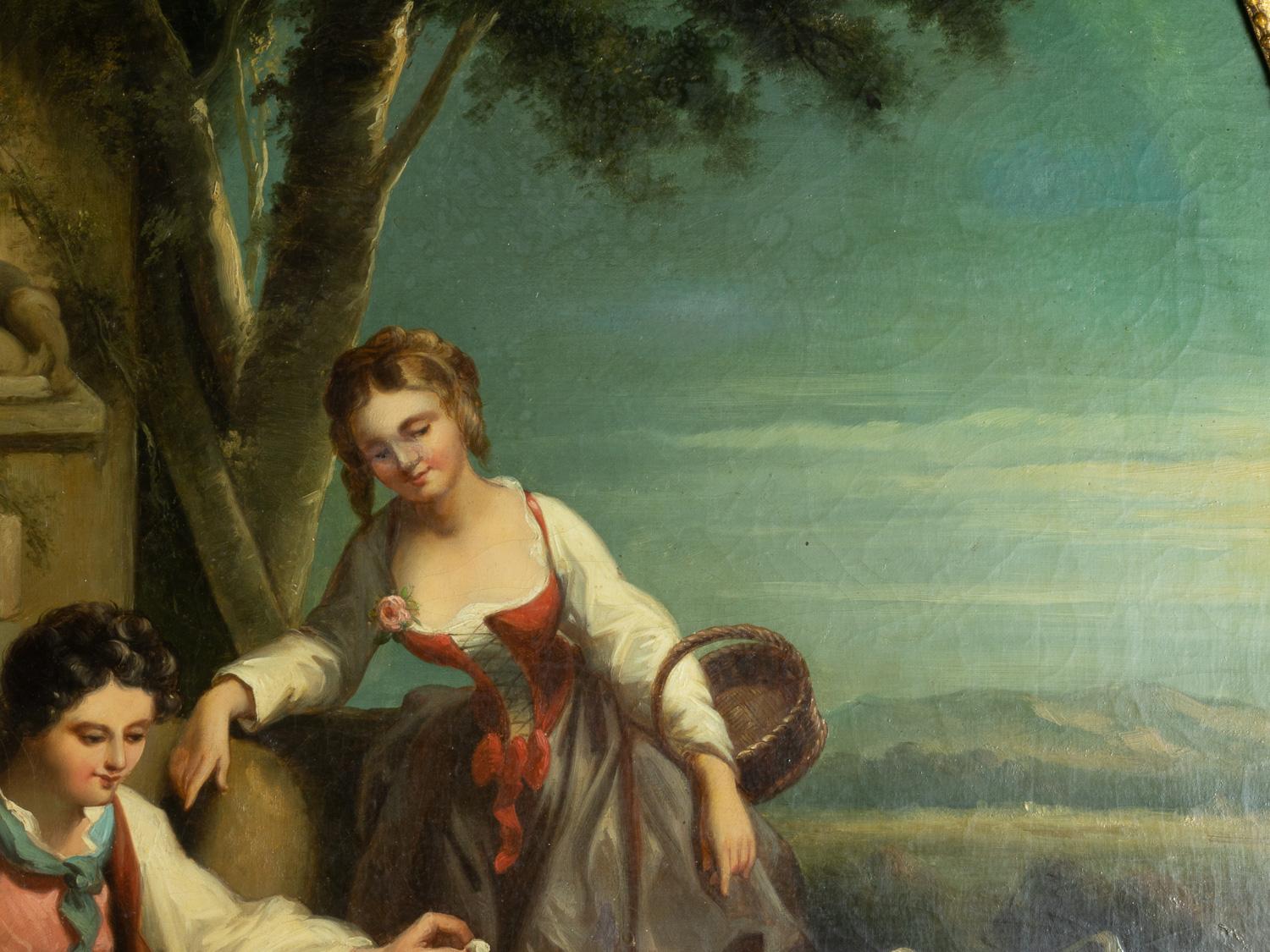 Peinture baroque, couple d'amoureux, école Watteau, 18e siècle en vente 2