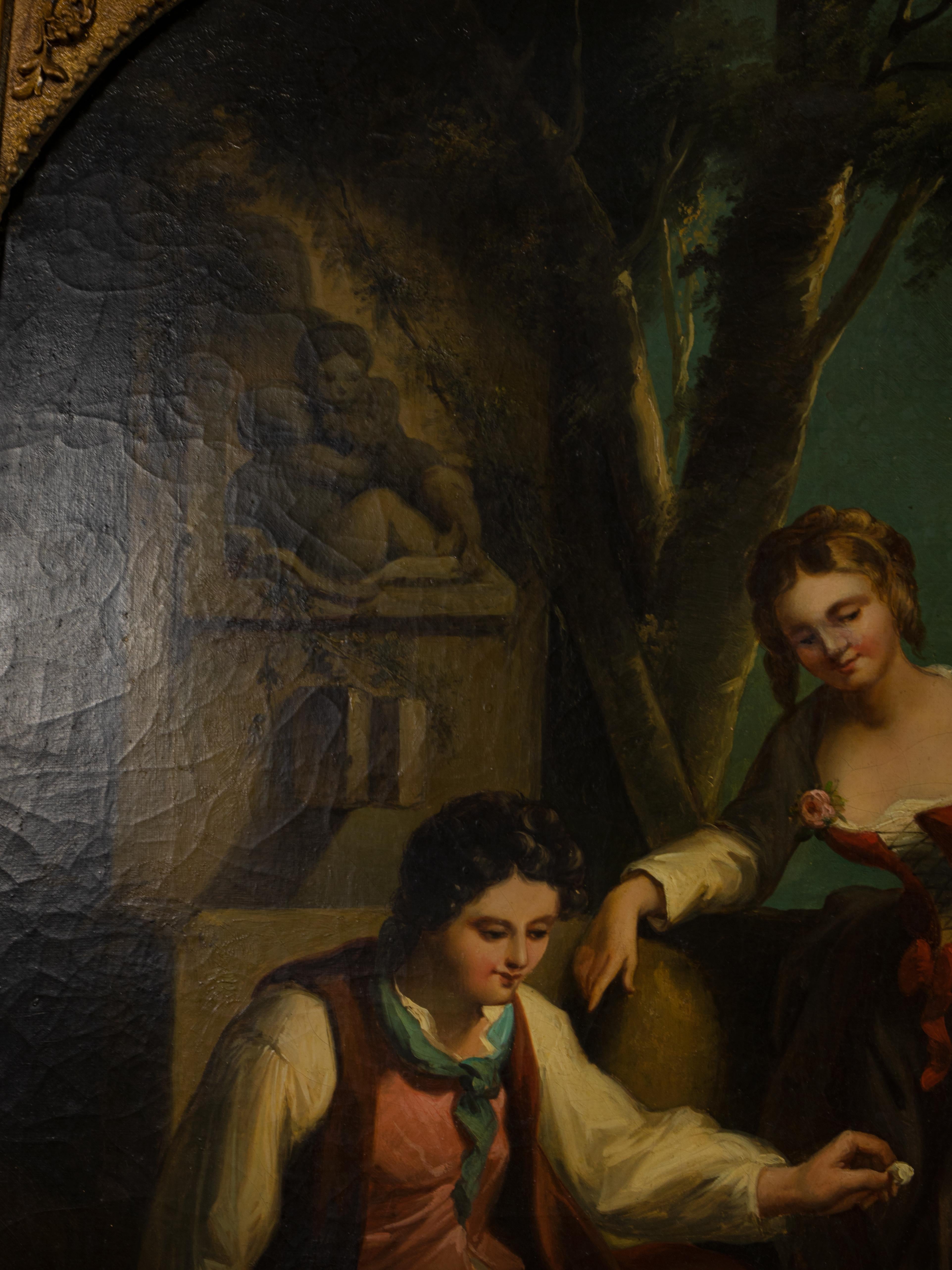 Français Peinture baroque, couple d'amoureux, école Watteau, 18e siècle en vente