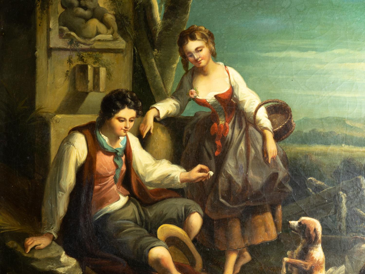 Peinture baroque, couple d'amoureux, école Watteau, 18e siècle en vente 1
