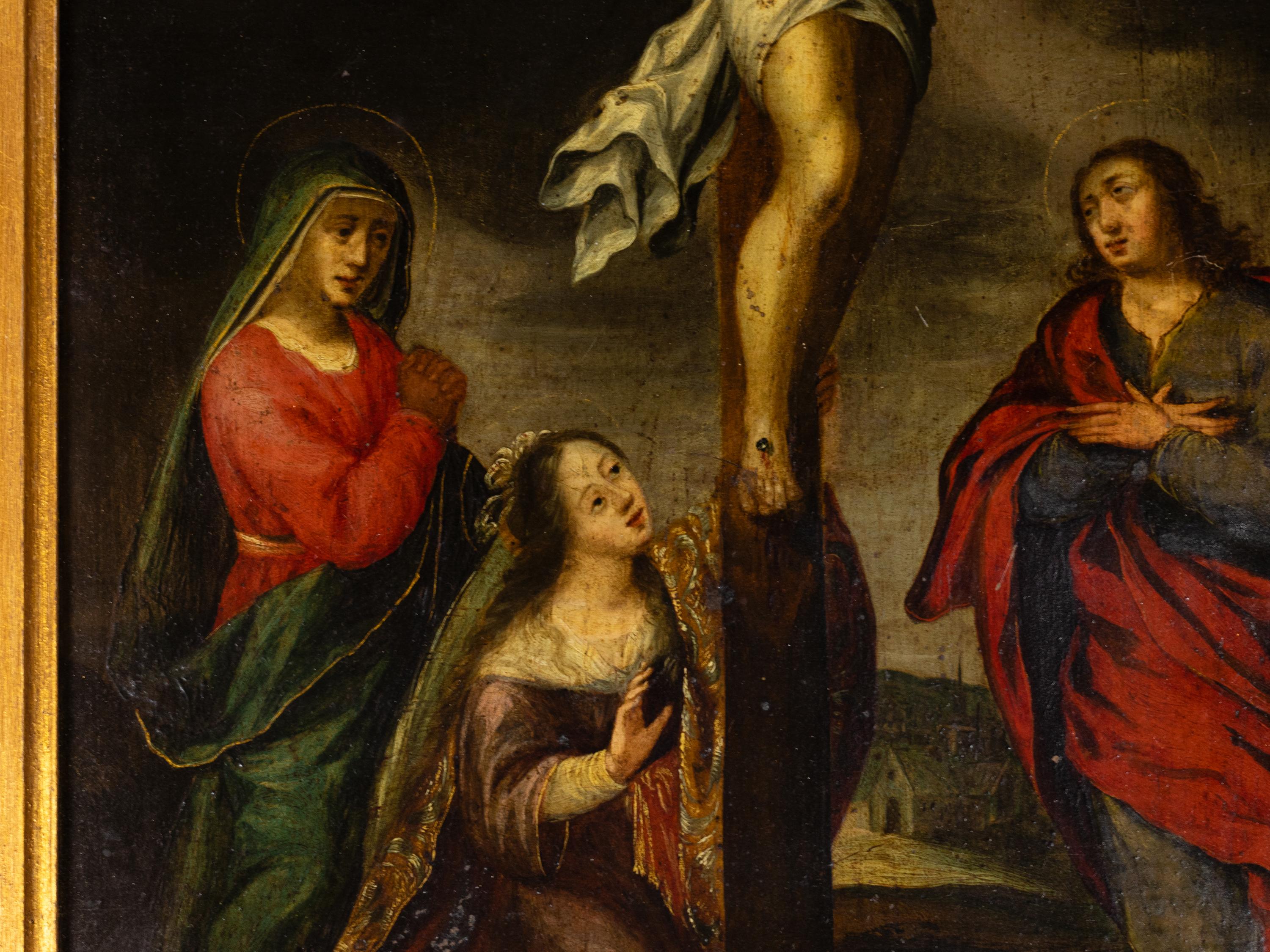 A 17th Century italian painting of Christ crucified accompanied by the three Marys: Mary Magdalene, Mary Salome and Mary of Cleophas in contemplation of His sacrifice, a motif inspired by the Flamish School. Frame 

Frame: 54 x 62 cm 
Without frame: