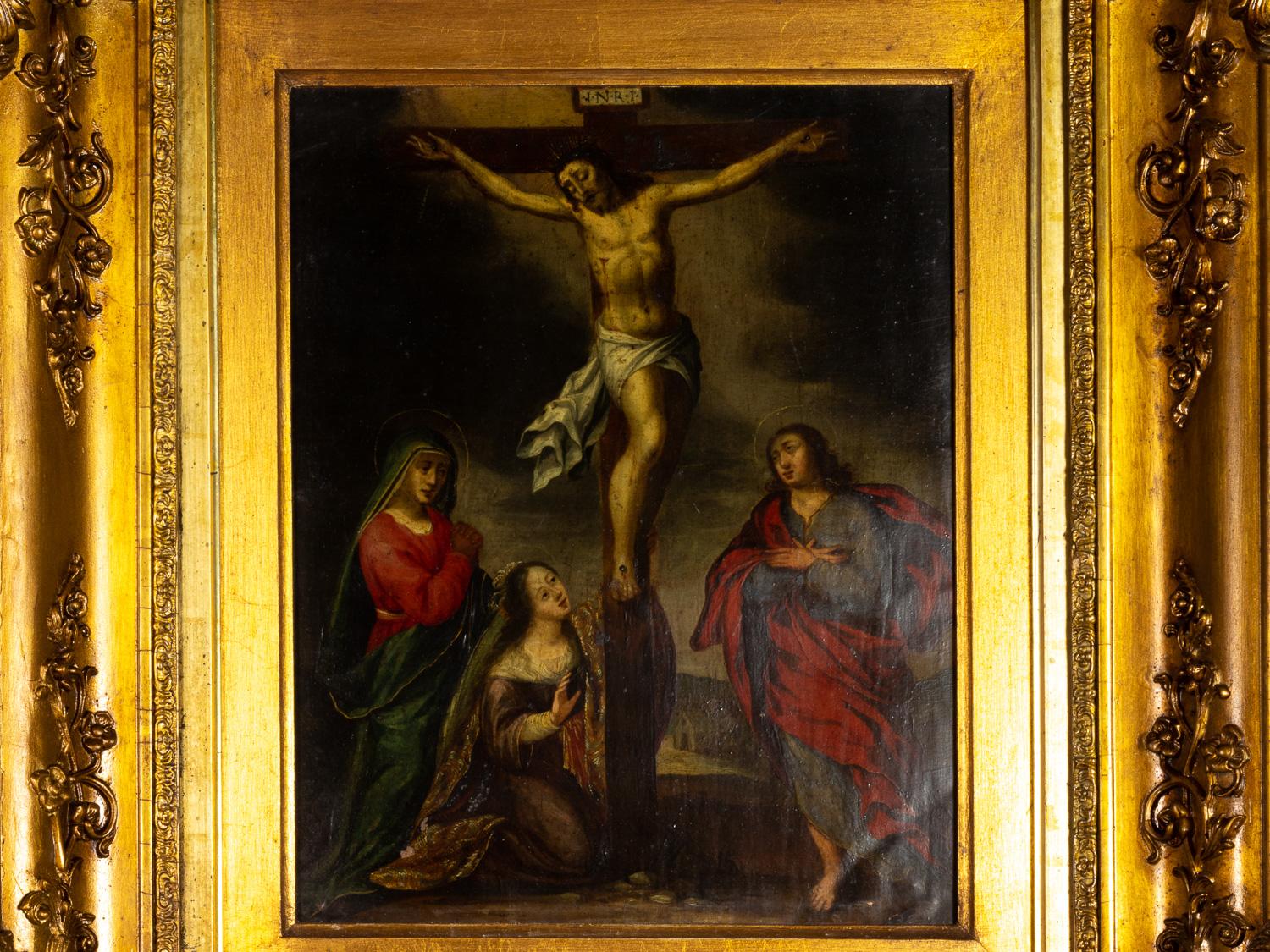 Barockes Gemälde der Kreuzigung Christi, 17. Jahrhundert – religiöse Kunst (Geölt) im Angebot