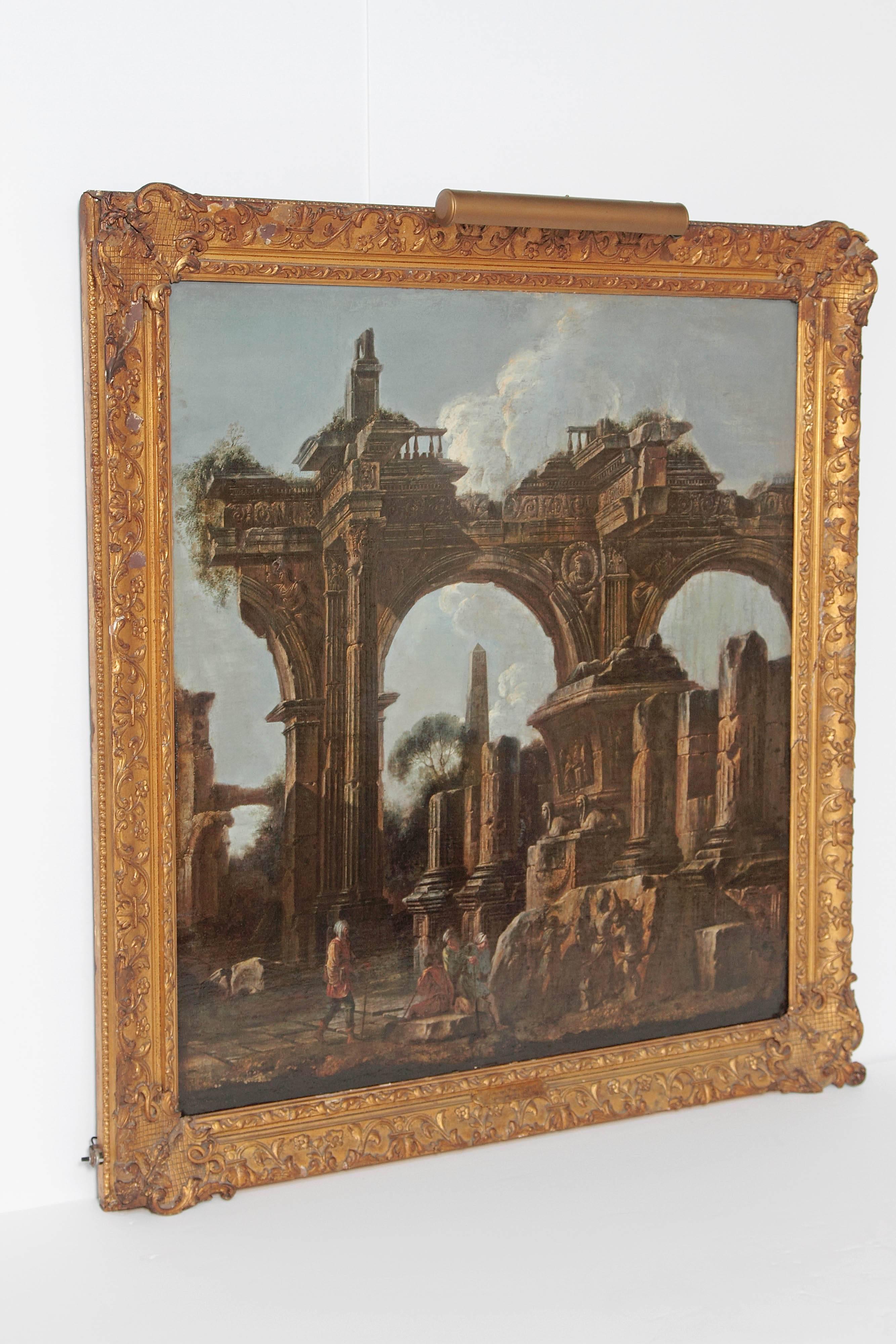 This 17th century painting is labeled Giovanni Paolo Panini, 1691-1765, but we believe it to be earlier, by Italian Baroque artist Giovanni Ghisolfi, born Milan 1623-1683, who painted in Rome from the 1640s. Chisolfi trained with his uncle Antonio
