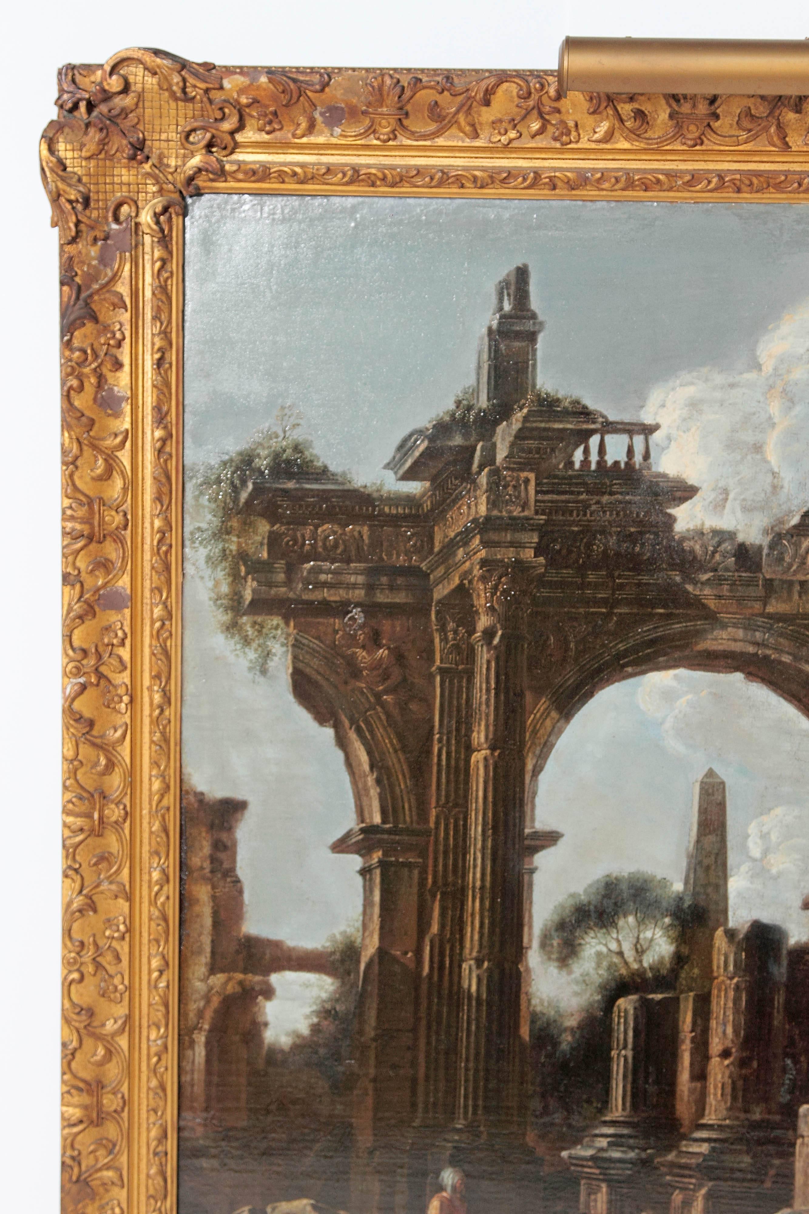 Hand-Painted Baroque Painting or Classical Ruins Attributed to Giovanni Ghisolfi