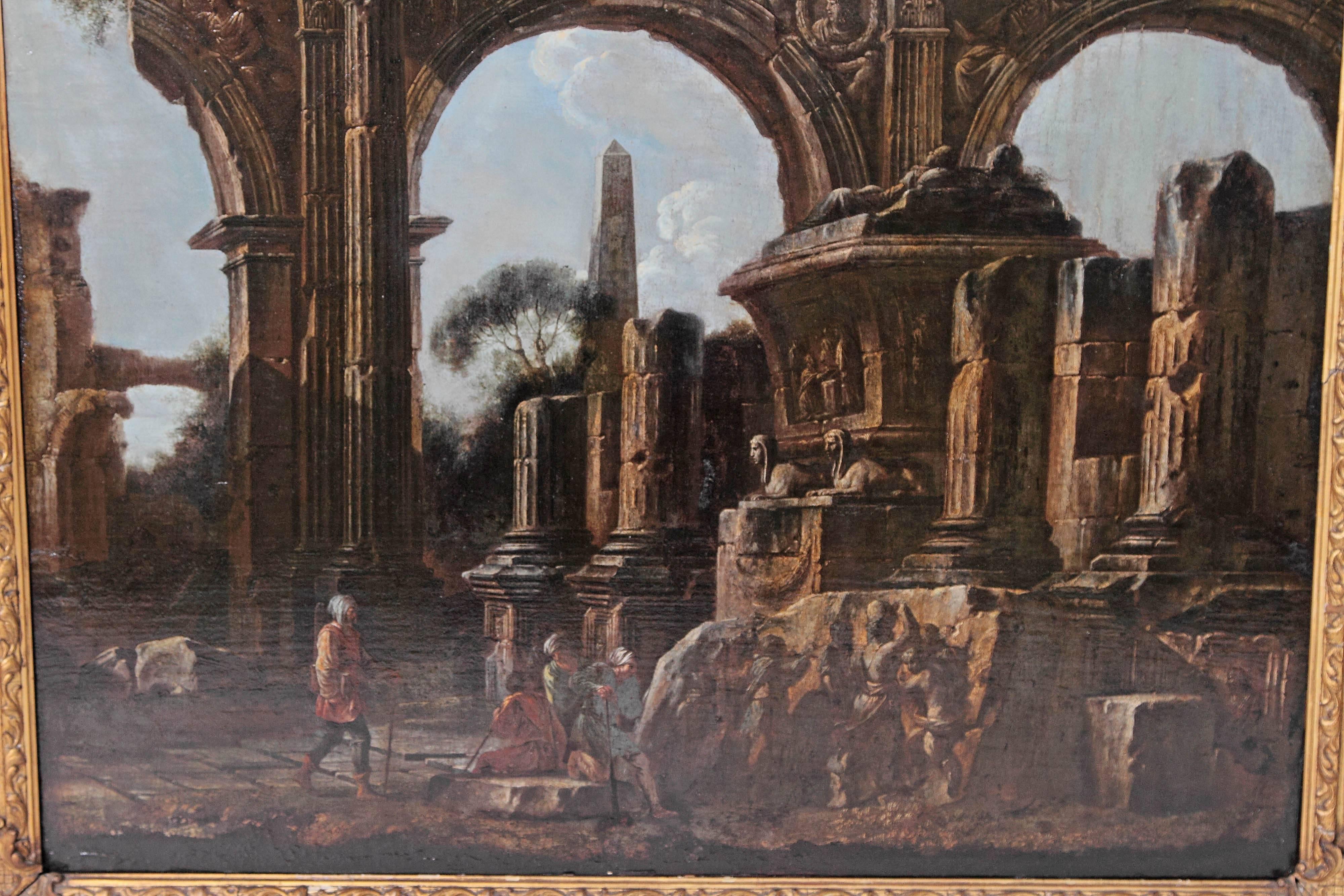 Canvas Baroque Painting or Classical Ruins Attributed to Giovanni Ghisolfi