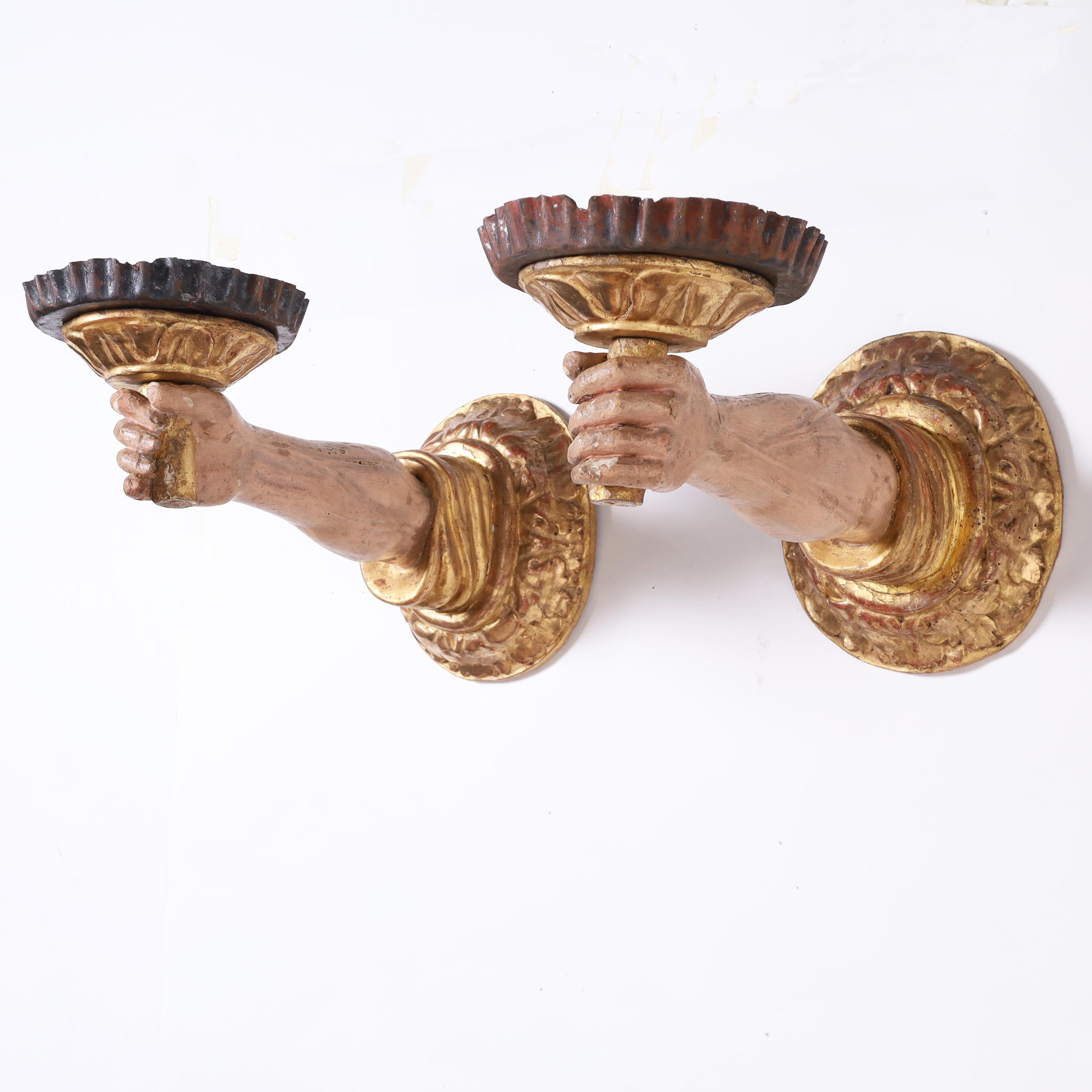 French Baroque Pair of Antique Carved Wood Arm and Fist Wall Sconce Candle Holders For Sale