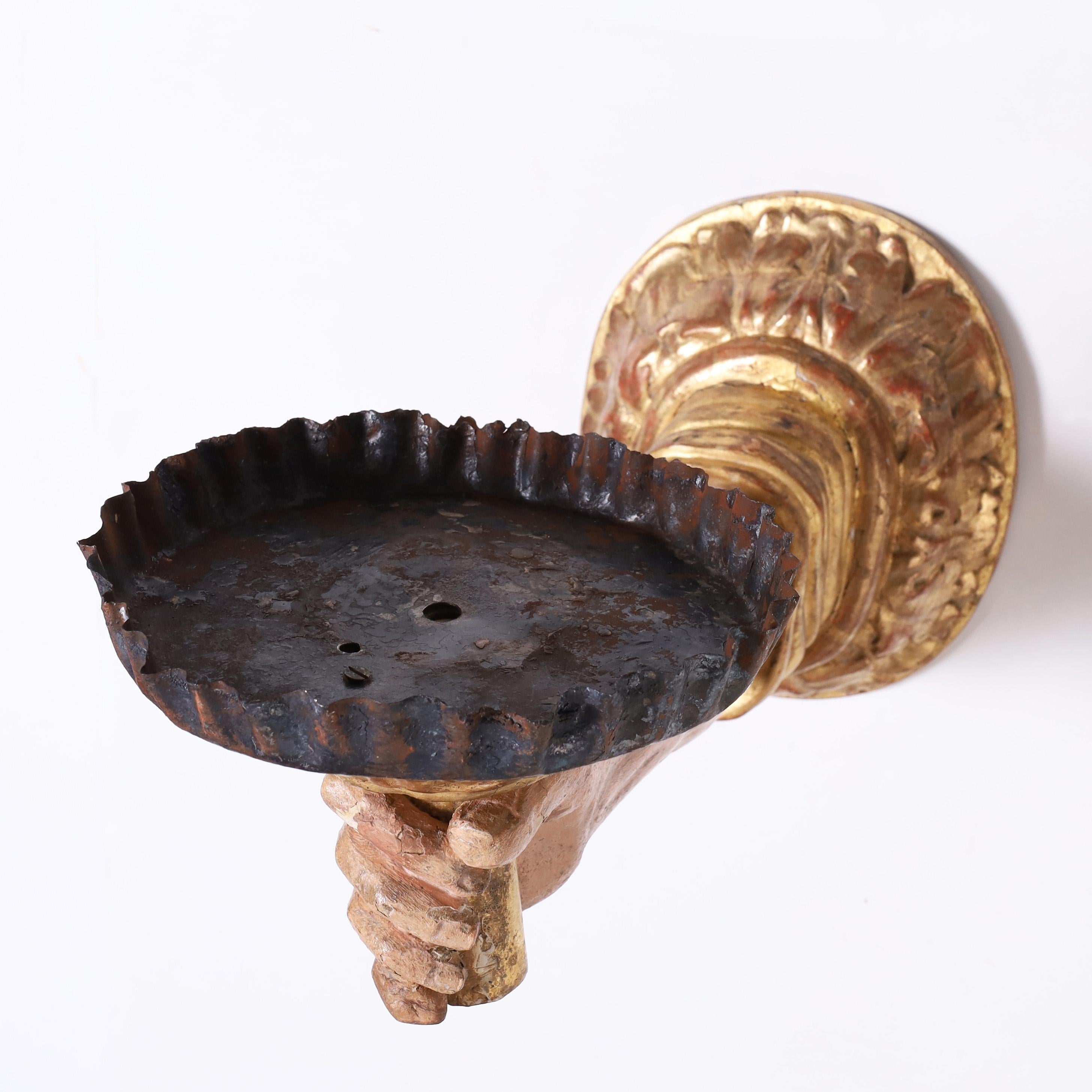 Baroque Pair of Antique Carved Wood Arm and Fist Wall Sconce Candle Holders For Sale 1
