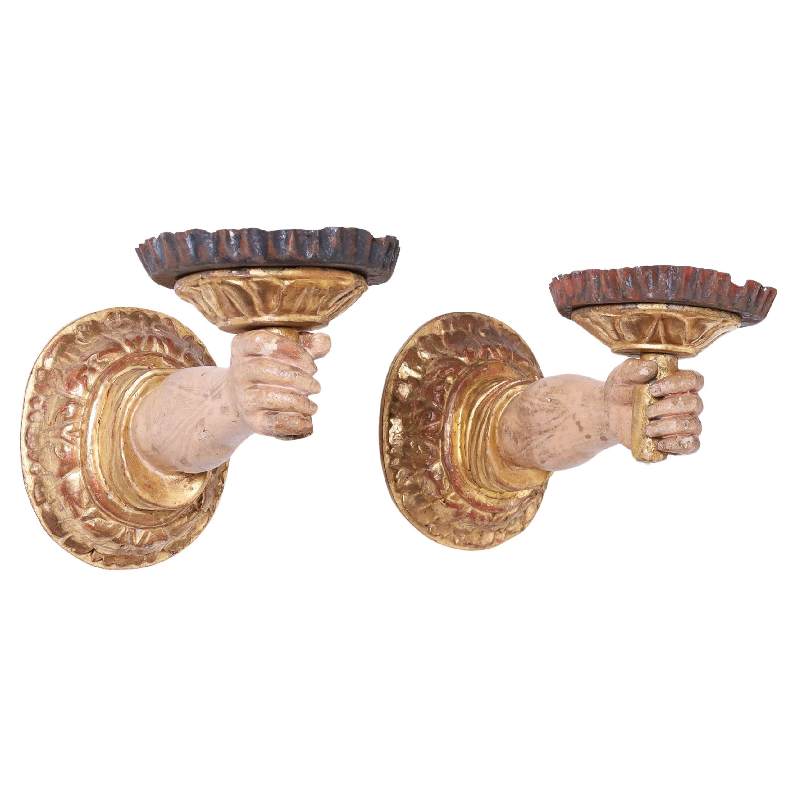 Baroque Pair of Antique Carved Wood Arm and Fist Wall Sconce Candle Holders For Sale