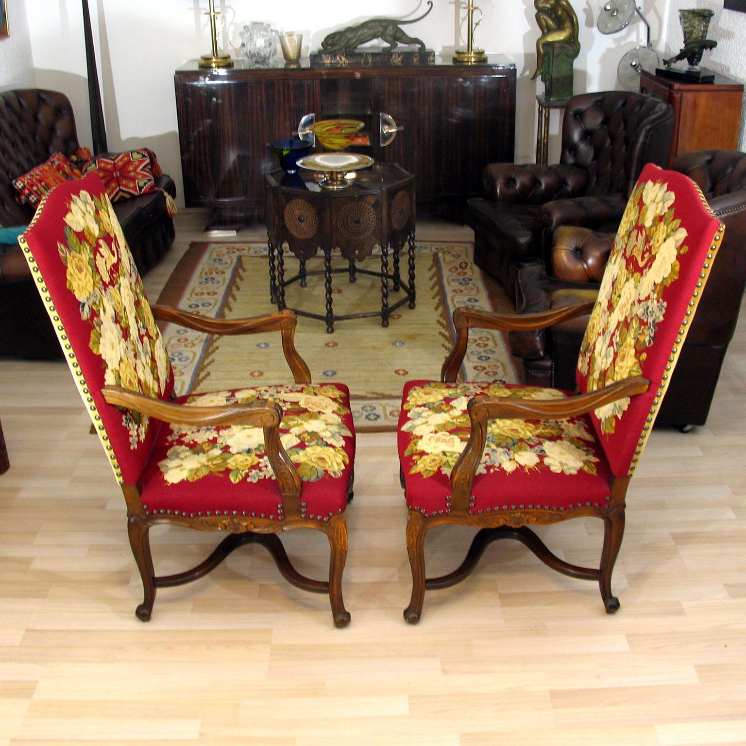 Stained Baroque Pair of Armchairs with Gorgeous Embroidered Upholstery For Sale