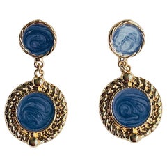 Baroque Pale Grey Purple Enamel Double Round Circle Drop Gold Pierced Earrings