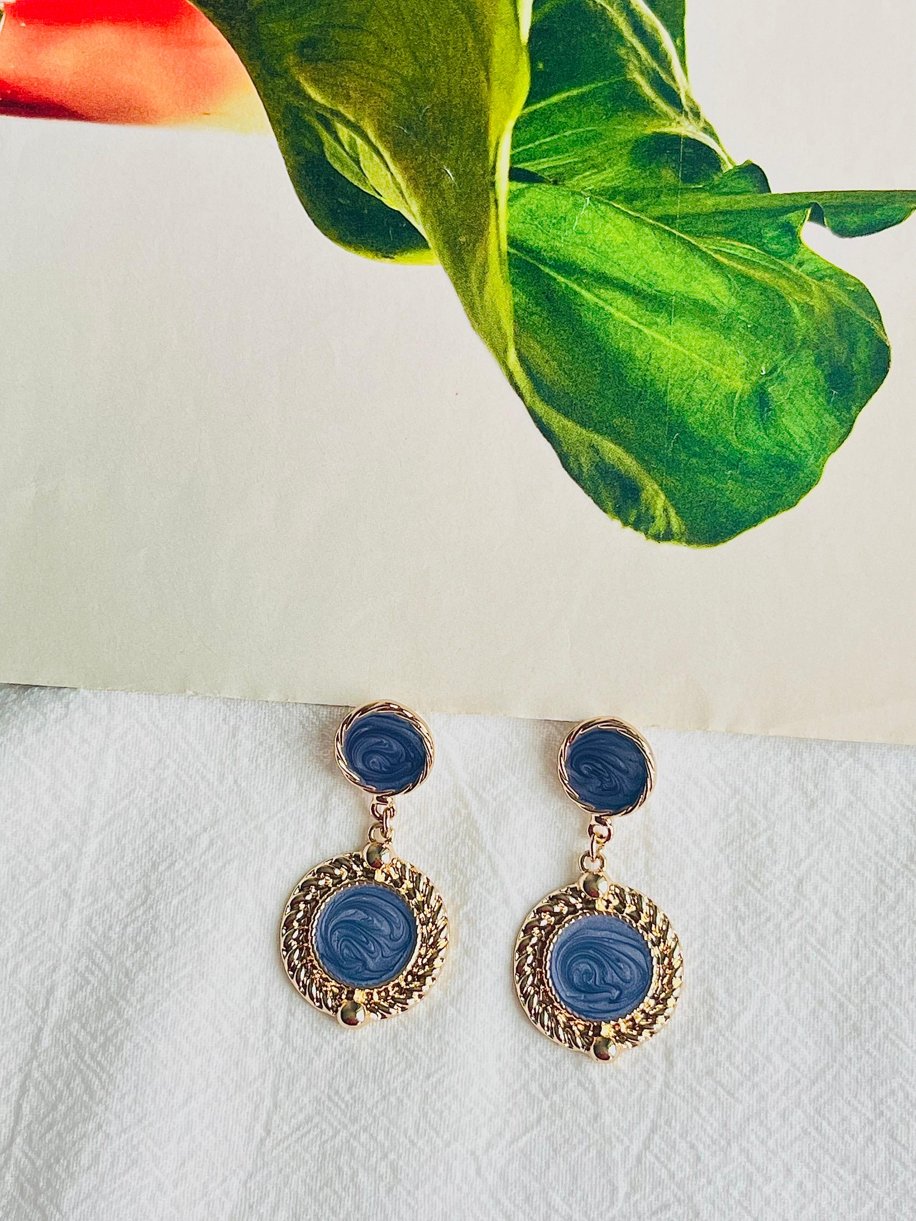 Women's or Men's Baroque Pale Grey Purple Enamel Double Round Circle Drop Gold Pierced Earrings For Sale