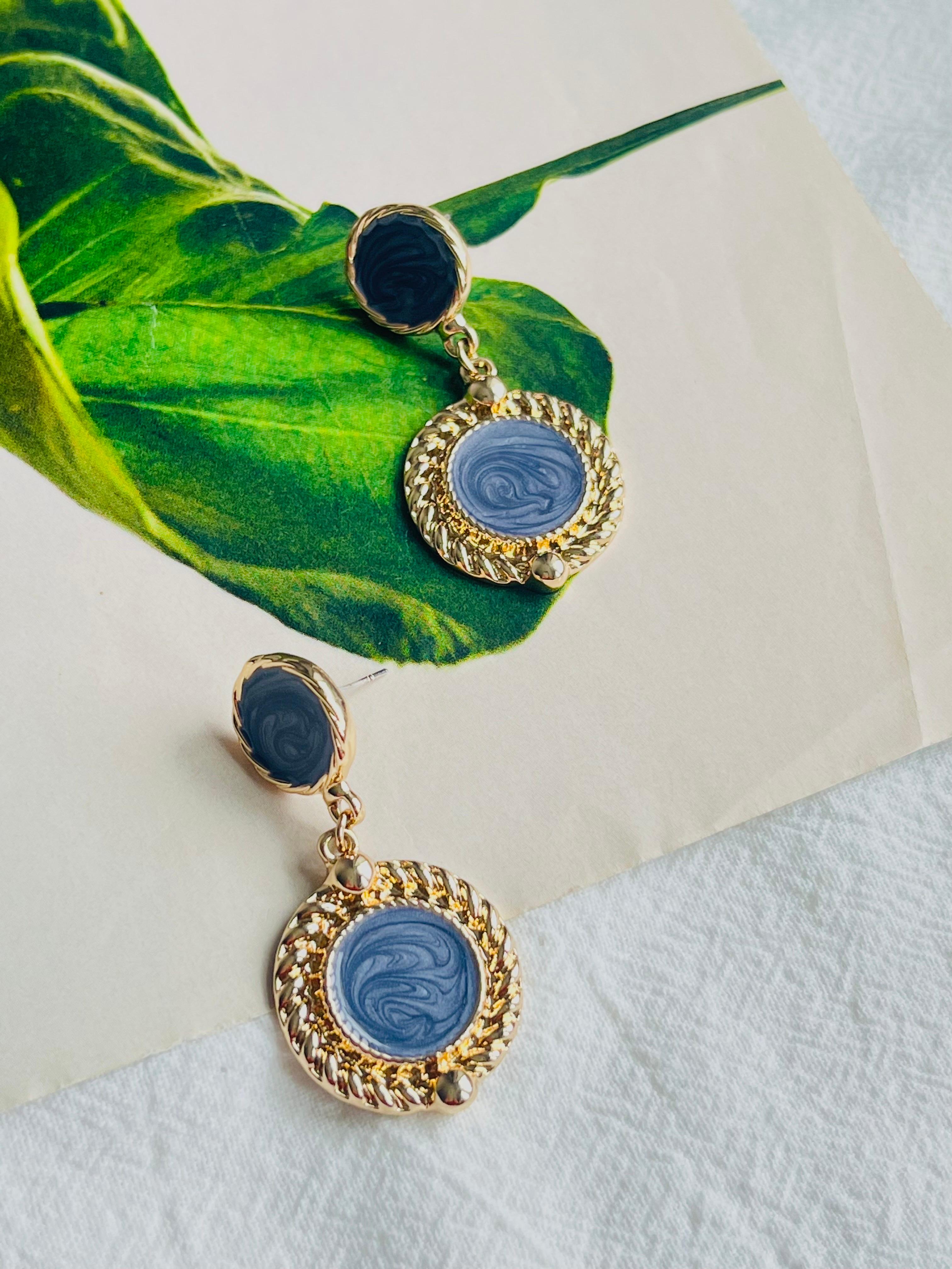 Baroque Pale Grey Purple Enamel Double Round Circle Drop Gold Pierced Earrings For Sale 1