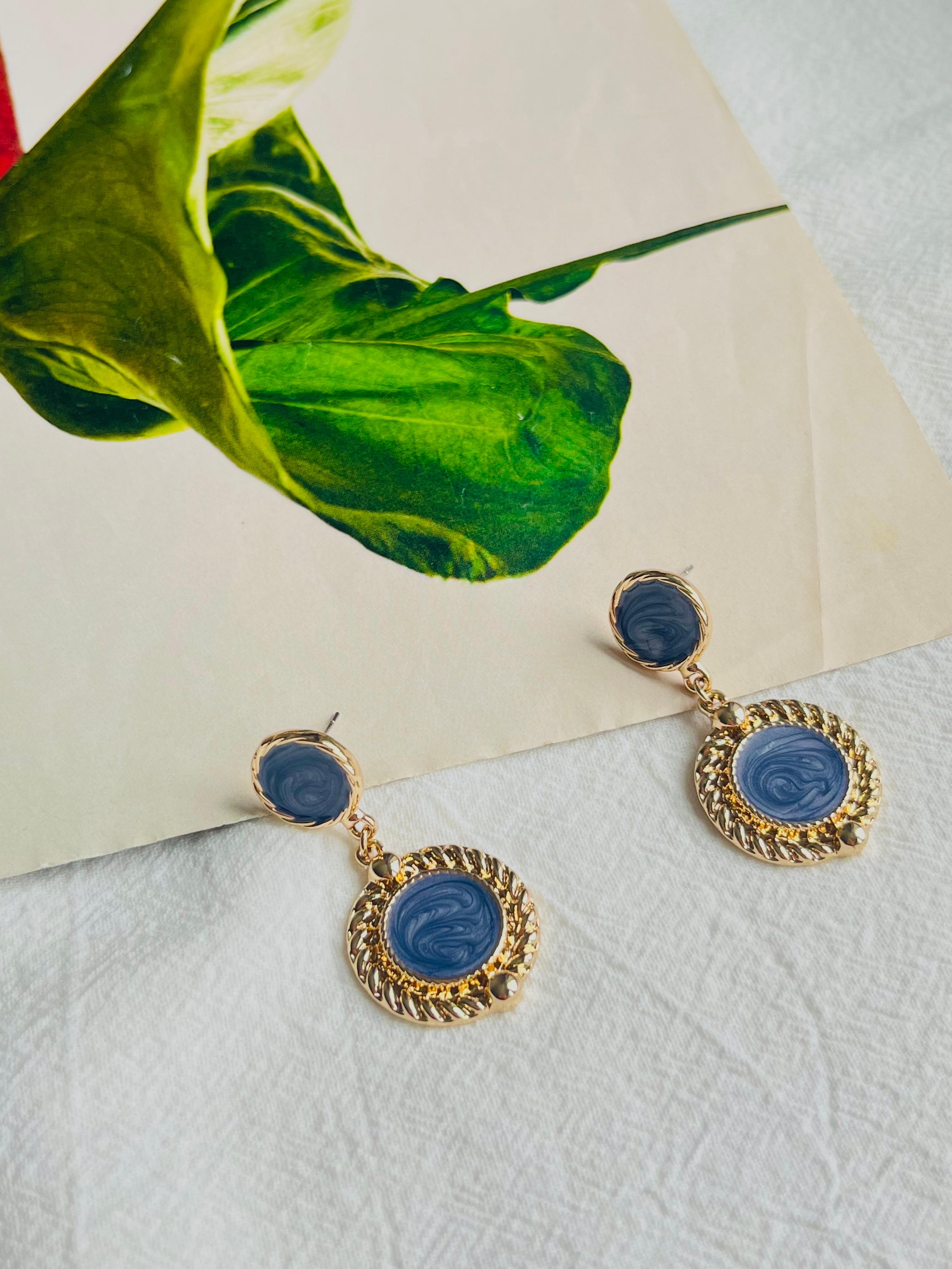 Baroque Pale Grey Purple Enamel Double Round Circle Drop Gold Pierced Earrings For Sale 2