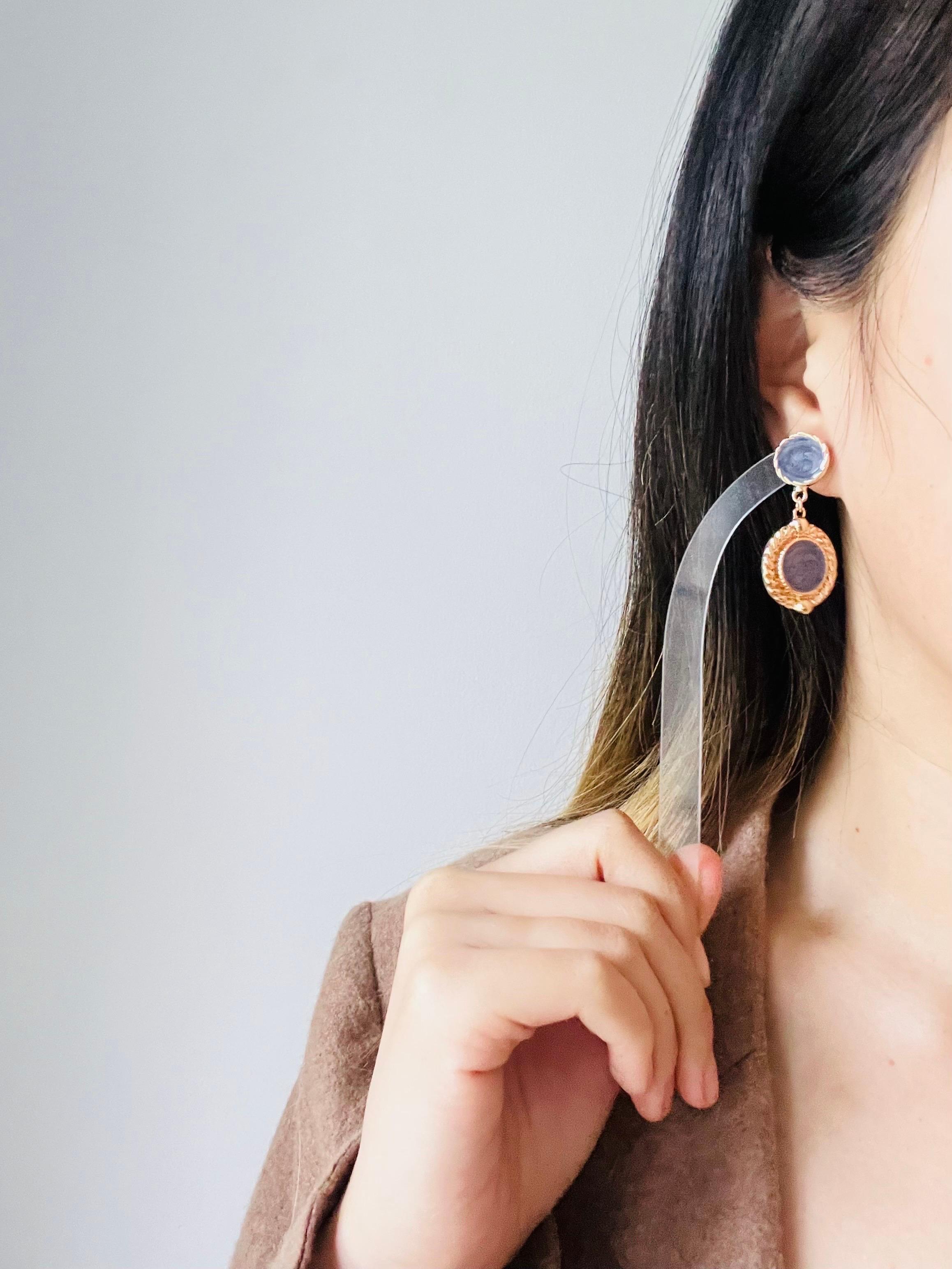 Baroque Pale Grey Purple Enamel Double Round Circle Drop Gold Pierced Earrings For Sale 3