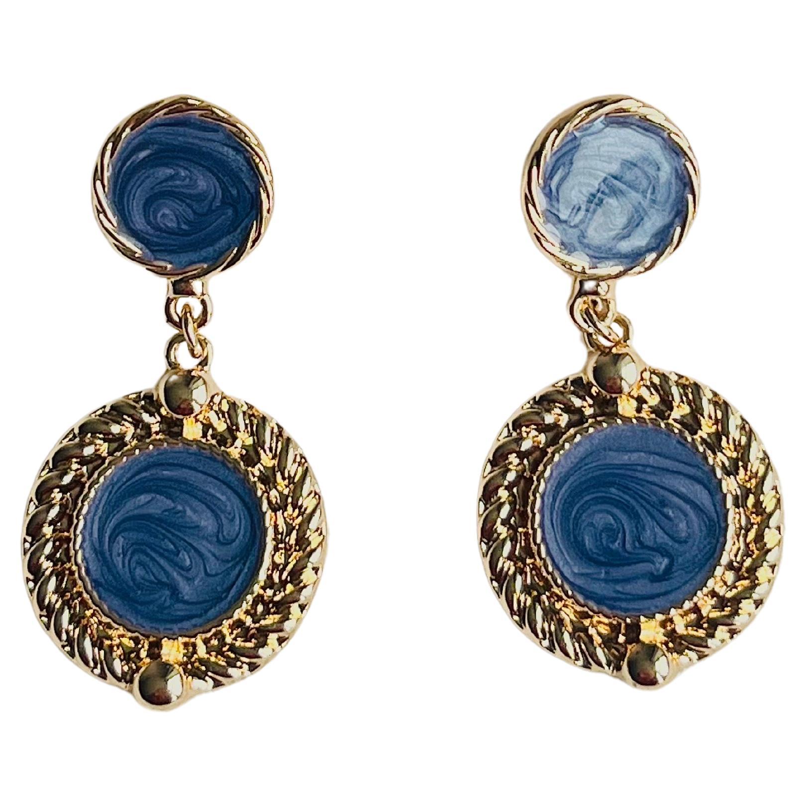 Baroque Pale Grey Purple Enamel Double Round Circle Drop Gold Pierced Earrings  For Sale