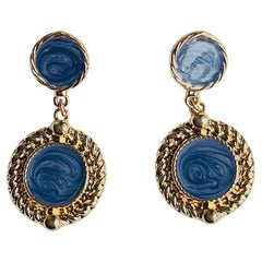Barocke blassgraue lila Emaille Doppelte runde Kreis-Tropfen-Ohrringe aus Gold mit durchbohrten Ohrringen 