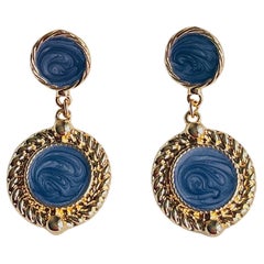Baroque Pale Grey Purple Enamel Double Round Circle Drop Gold Pierced Earrings