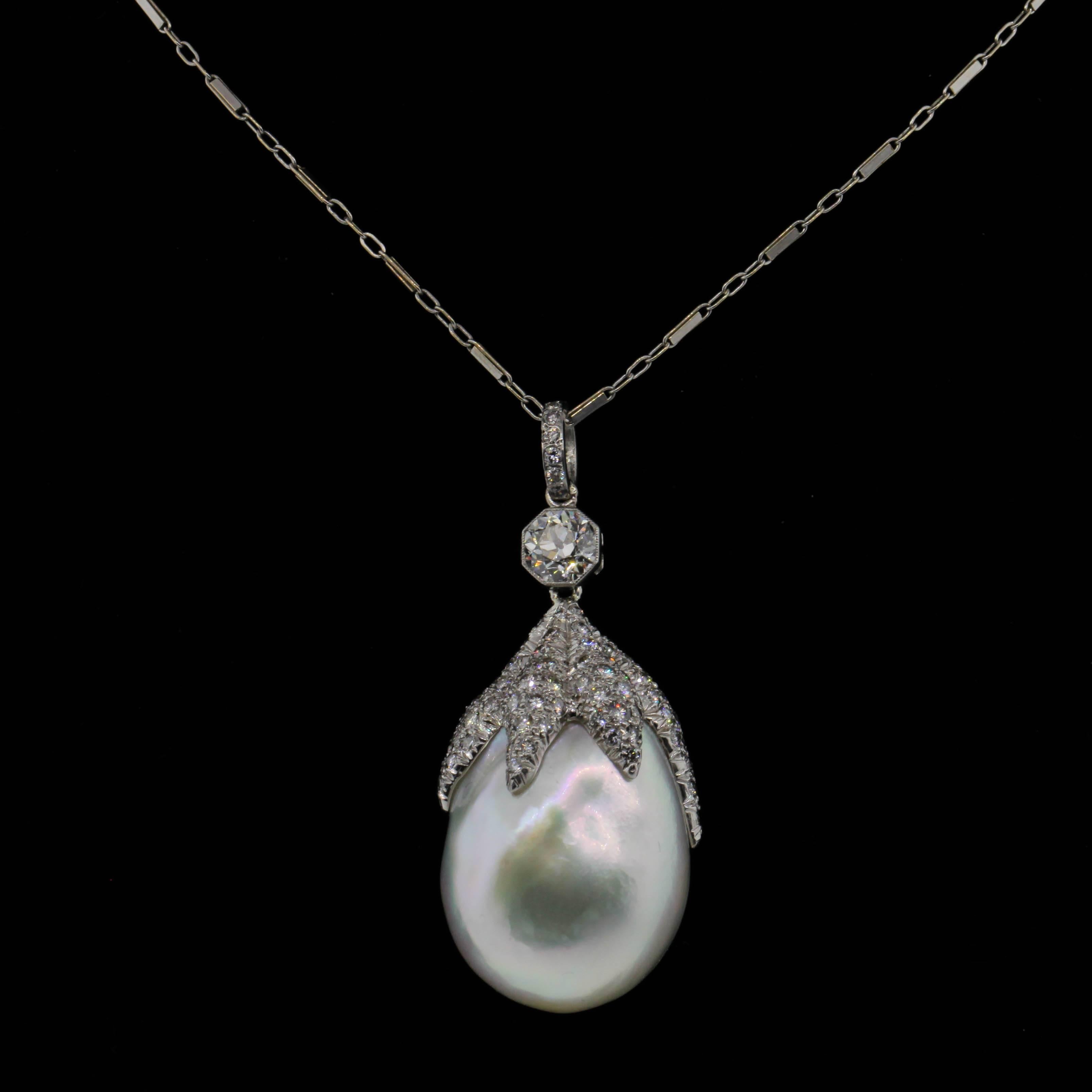 Old European Cut Baroque Pearl Diamond Pendant