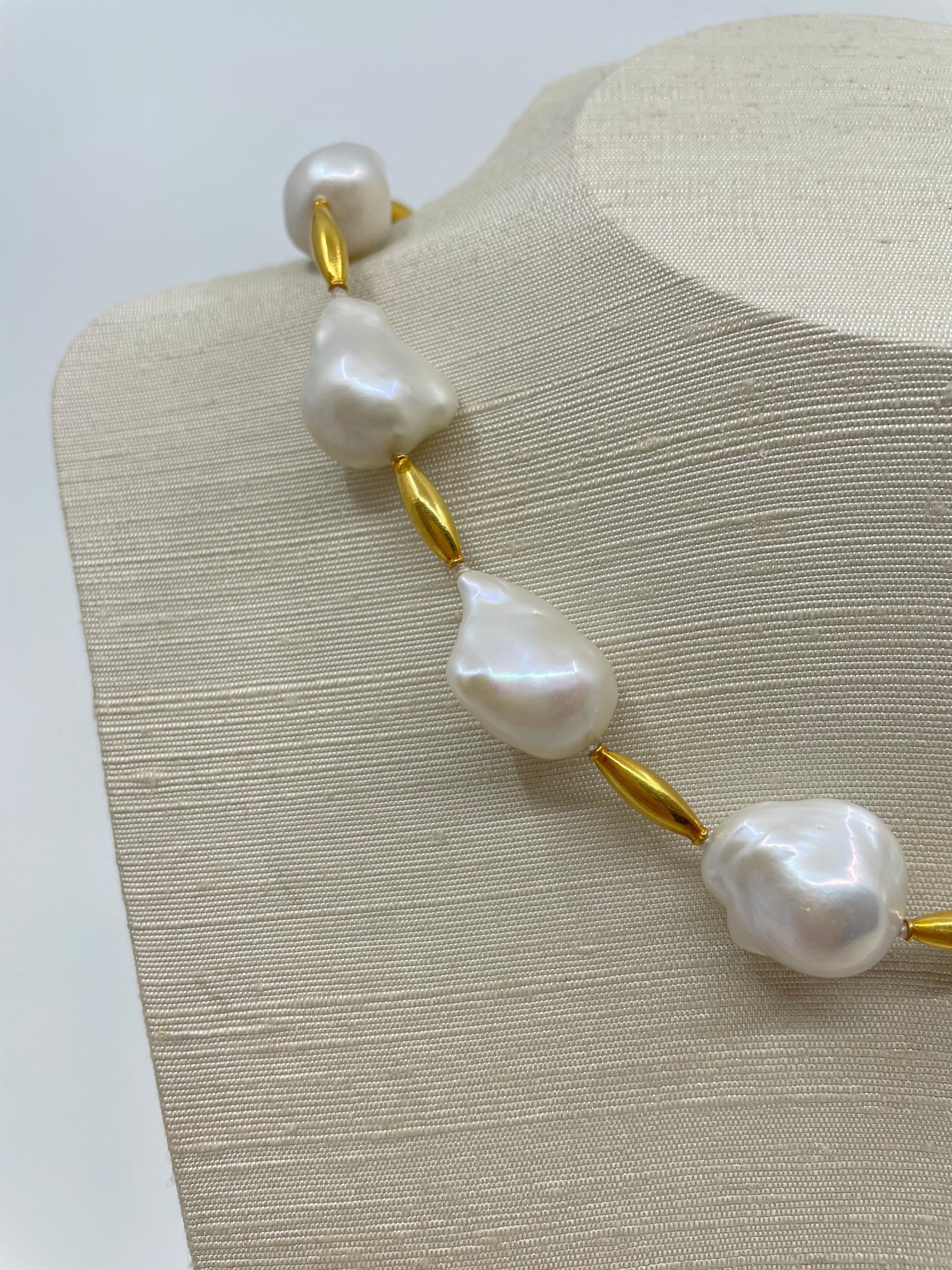 Women's or Men's Baroque Pearl & 18K Gold Necklace For Sale